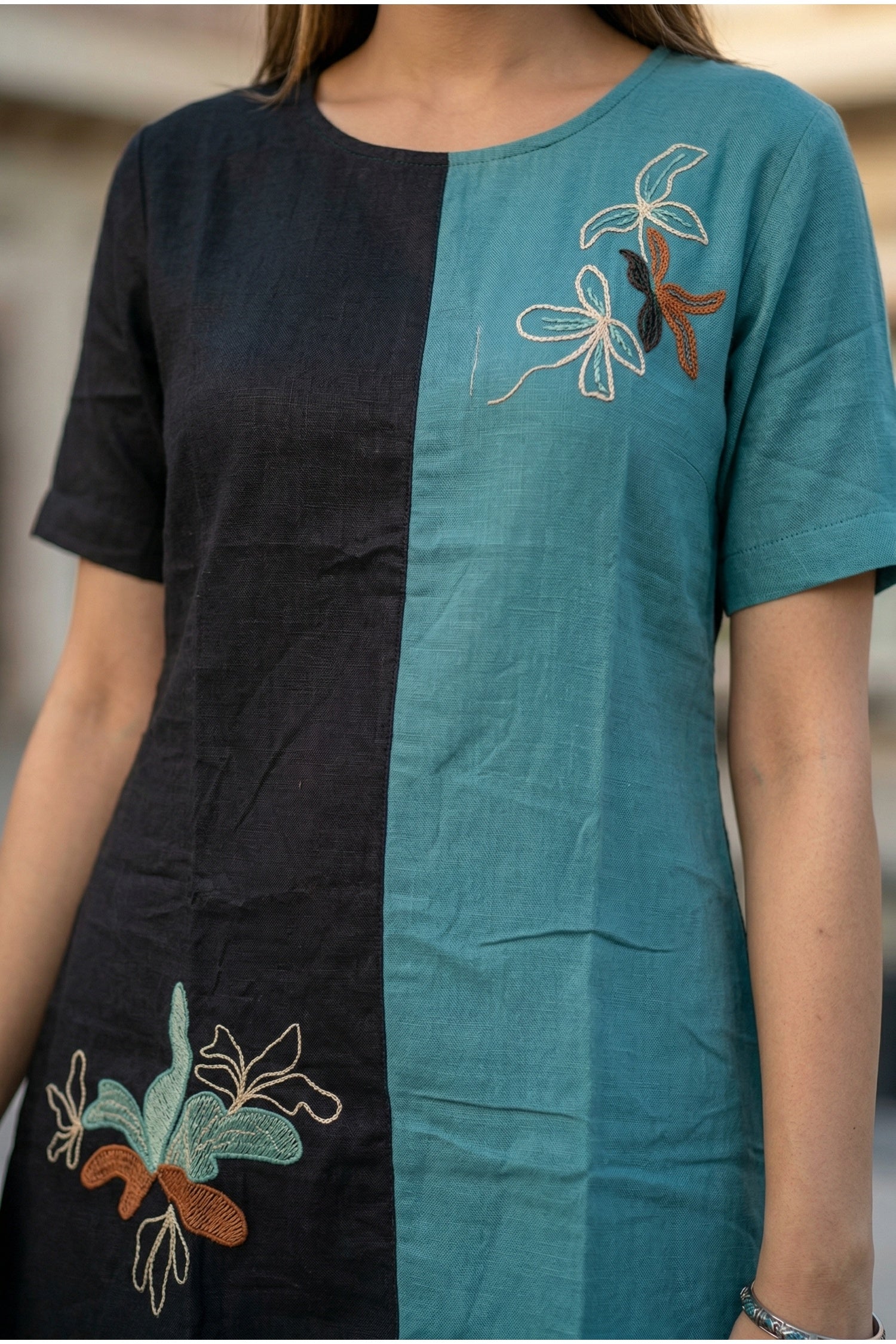 Blue Cotton Dress with Delicate Floral Motif