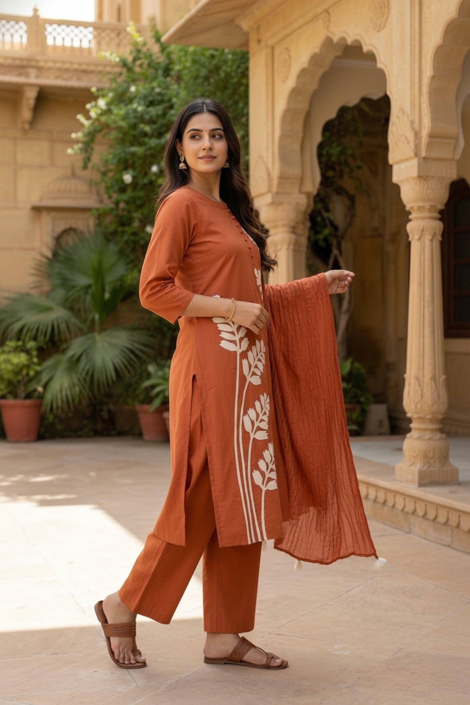 Orange Cotton Three-Piece Set with Minimal Work in Straight Cut - Freyaa USA & Canada