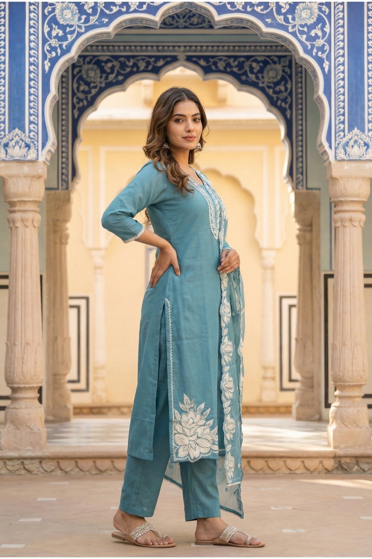 Floral Embroidered Kurta Set with Buti Work & Statement Dupatta Border - Freyaa USA & Canada