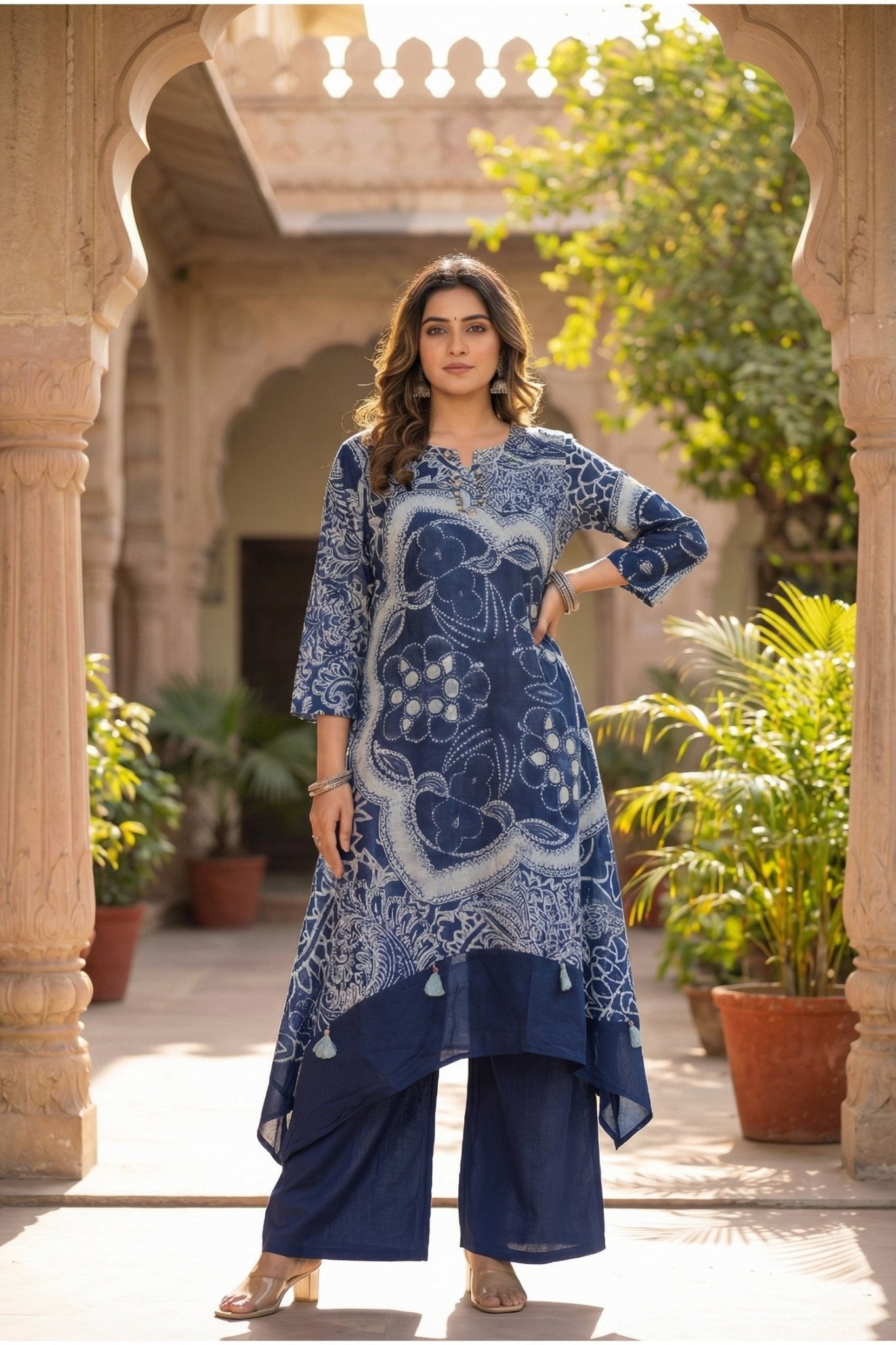Indigo Blue Co-ord Set with Abstract Floral & Paisley Print - Freyaa USA & Canada