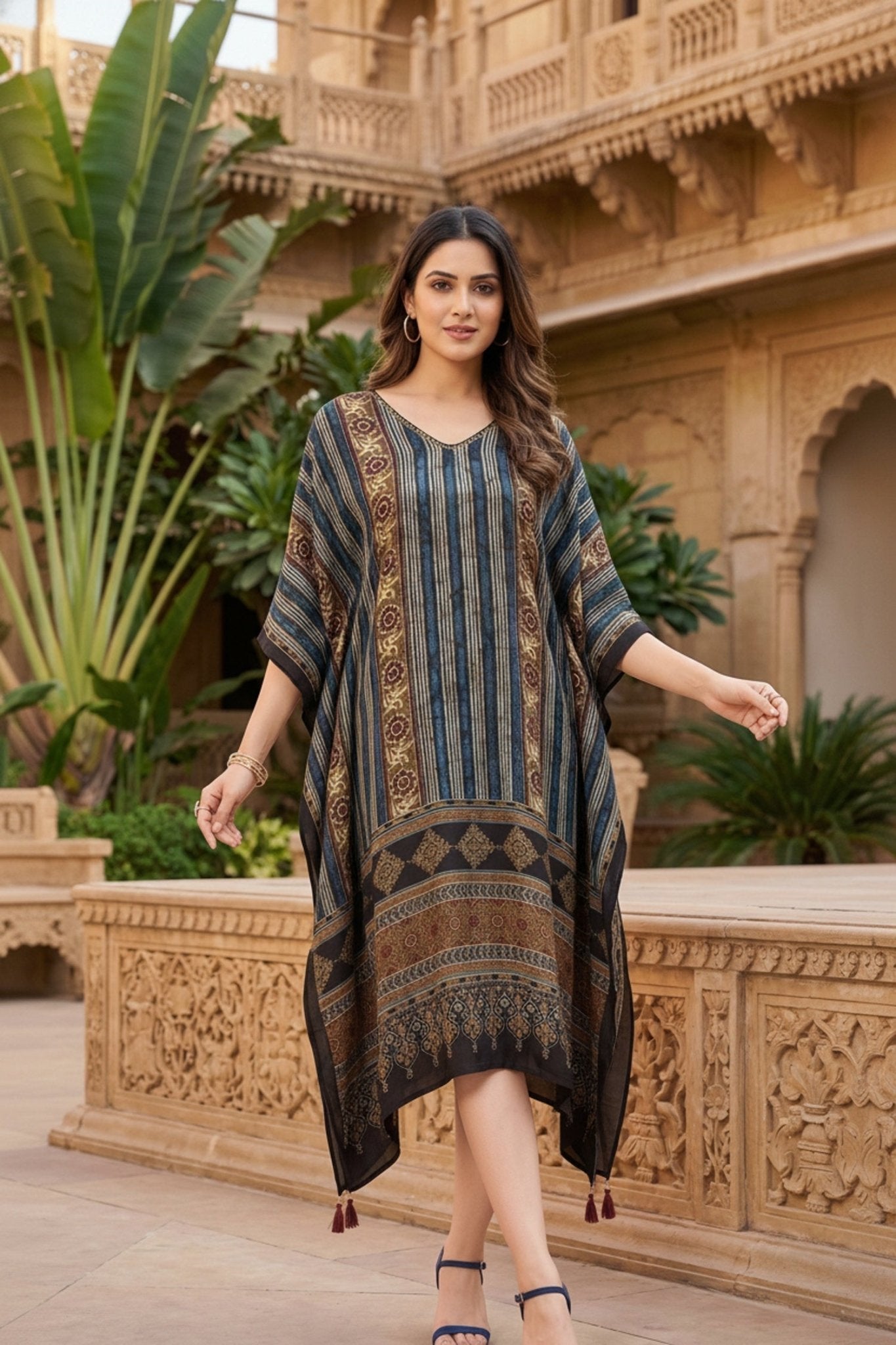 Peacock Printed Viscose Long Kaftan - Freyaa USA & Canada