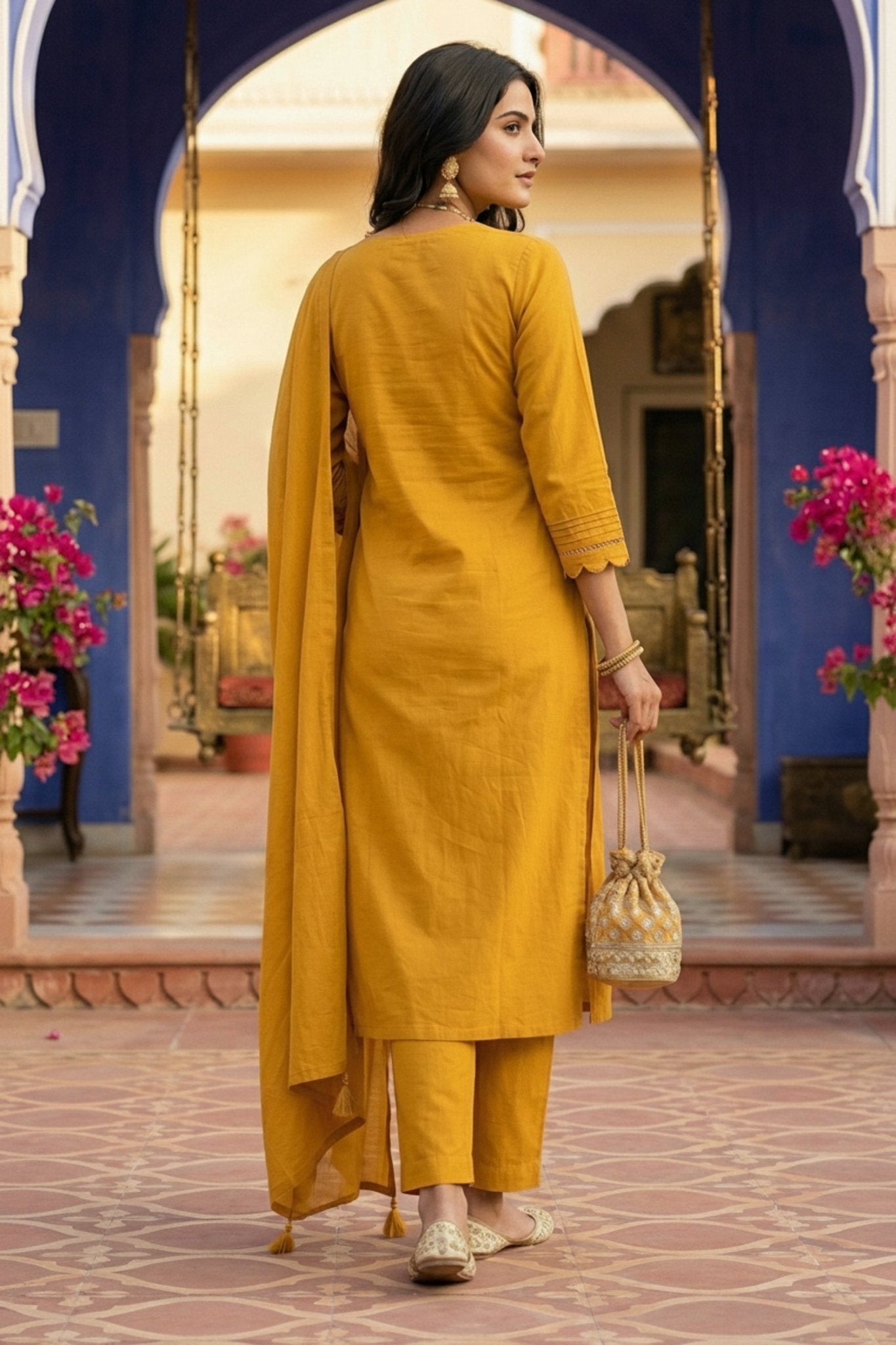 Mustard Straight-Cut Cotton Three Piece Suit Set - Freyaa USA & Canada