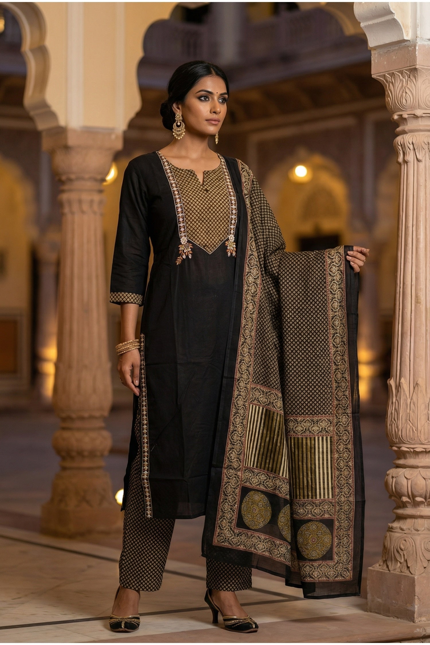 Black Royale Embroidered Straight-Cut Three Piece Suit Set