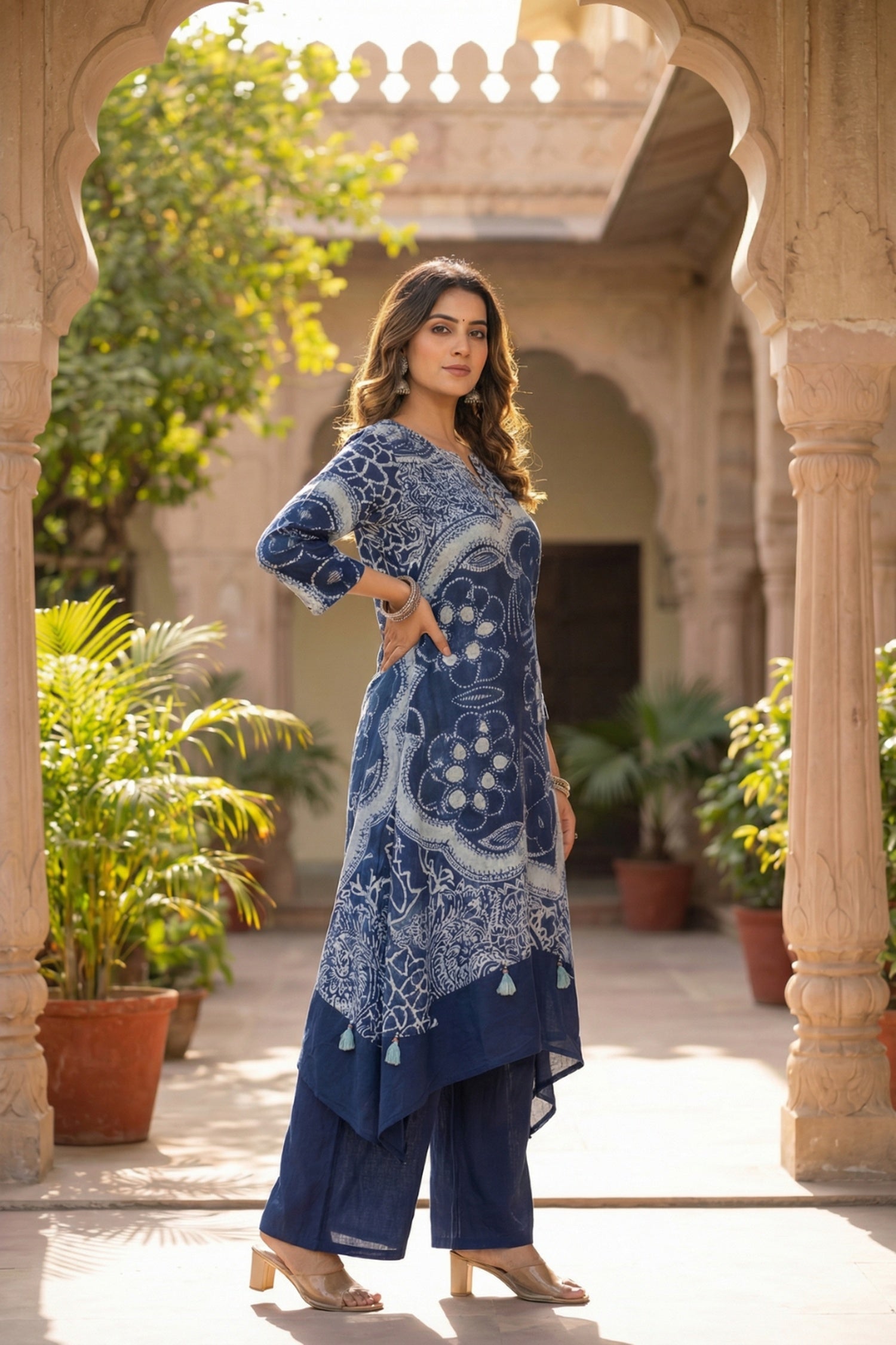 Indigo Blue Co-ord Set with Abstract Floral & Paisley Print