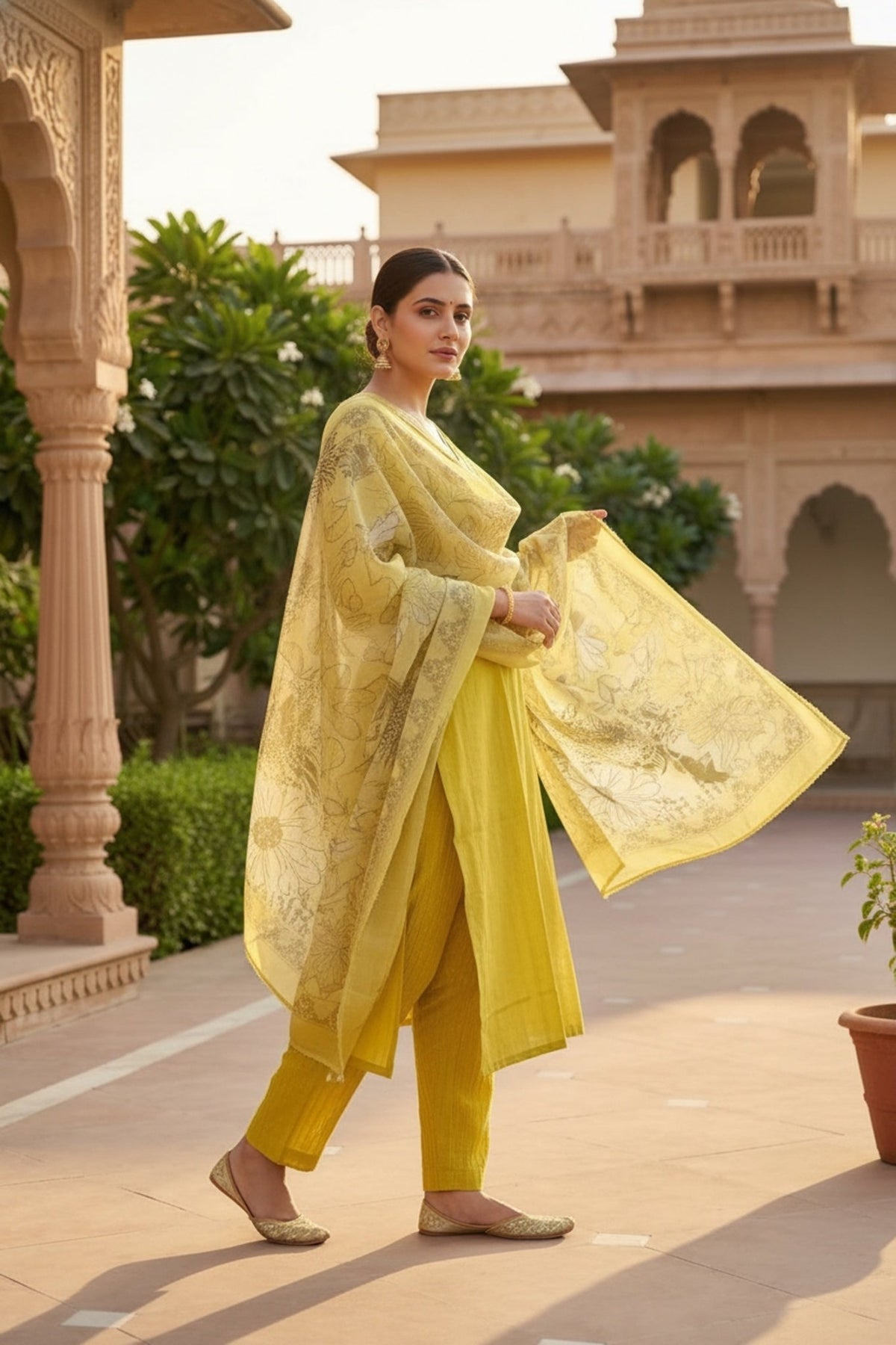 Yellow Cotton Three-Piece Set with Tissue Silk Dupatta - Freyaa USA & Canada