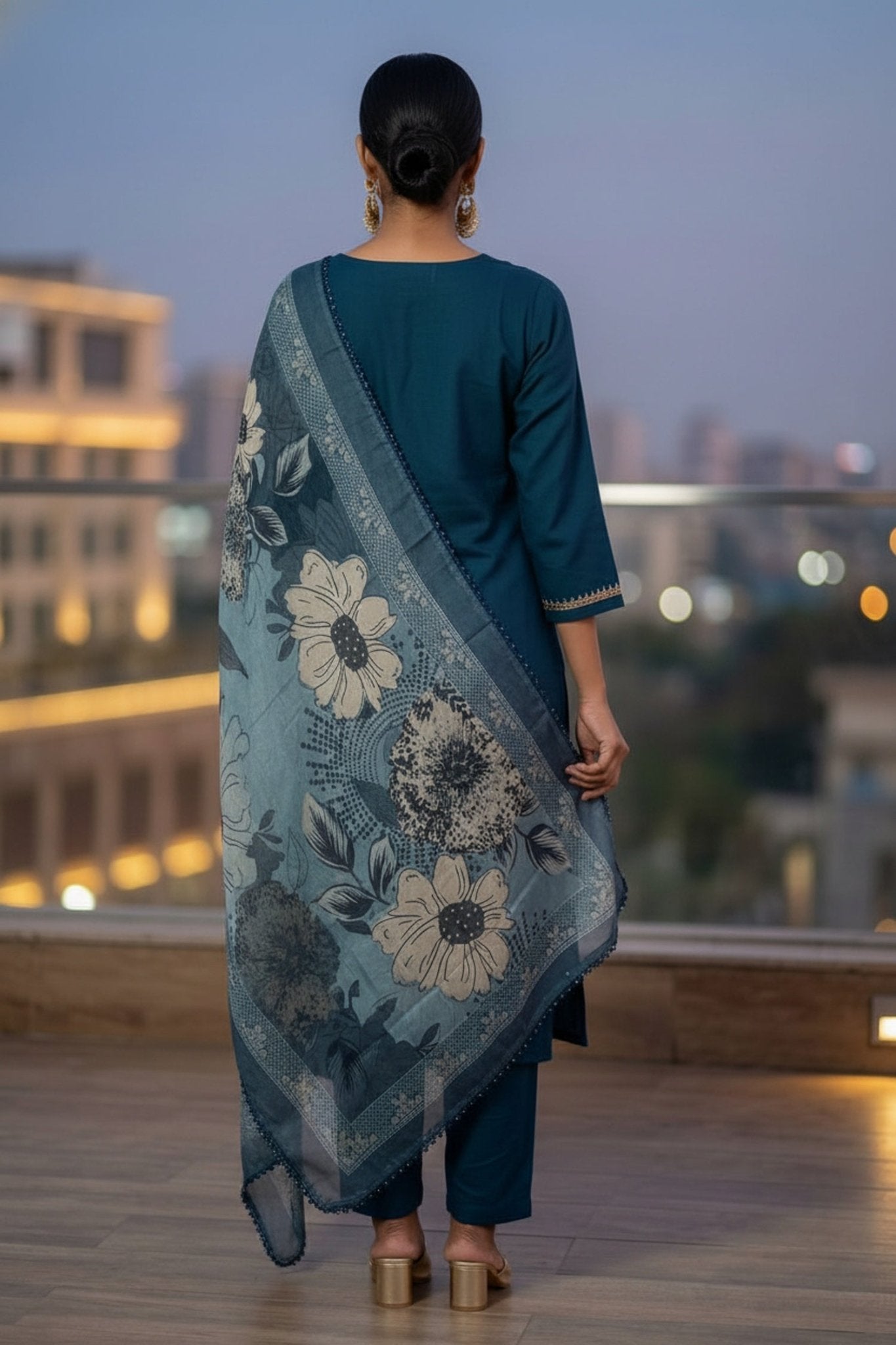Royal Navy Straight-Cut Suit with Printed Dupatta - Freyaa USA & Canada