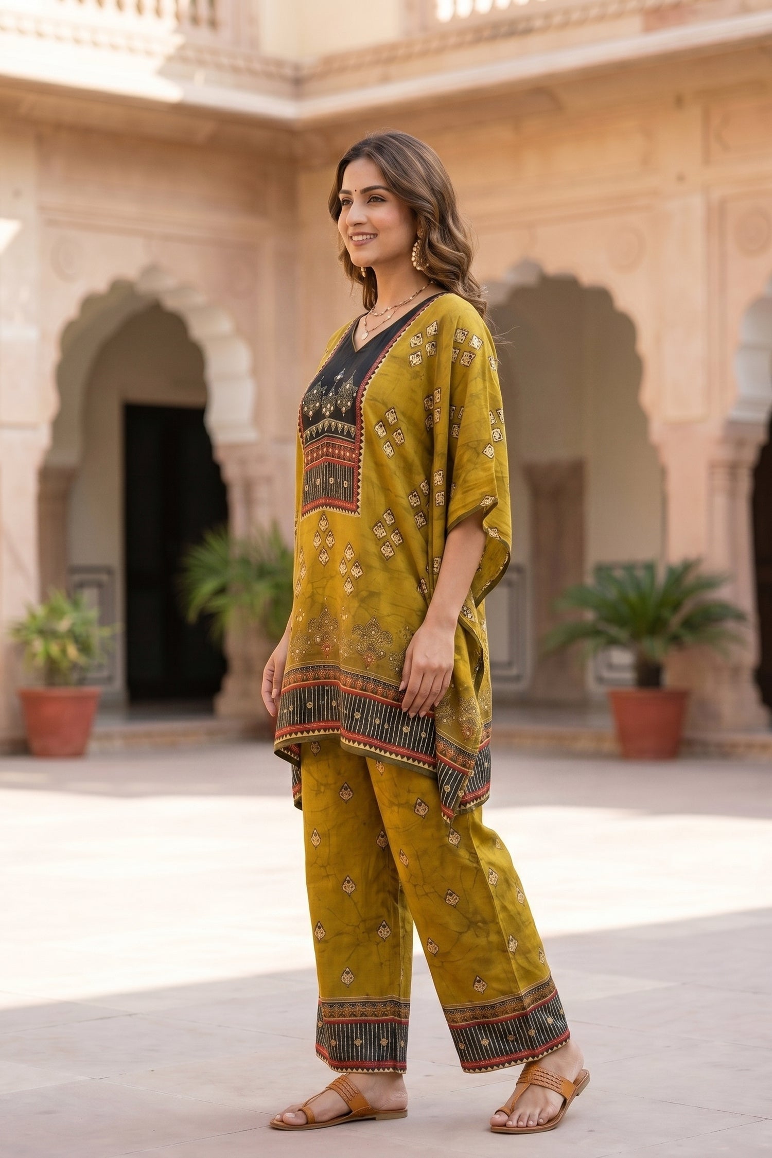 Rich Yellow Kaftan Cord Set in Chinon Silk