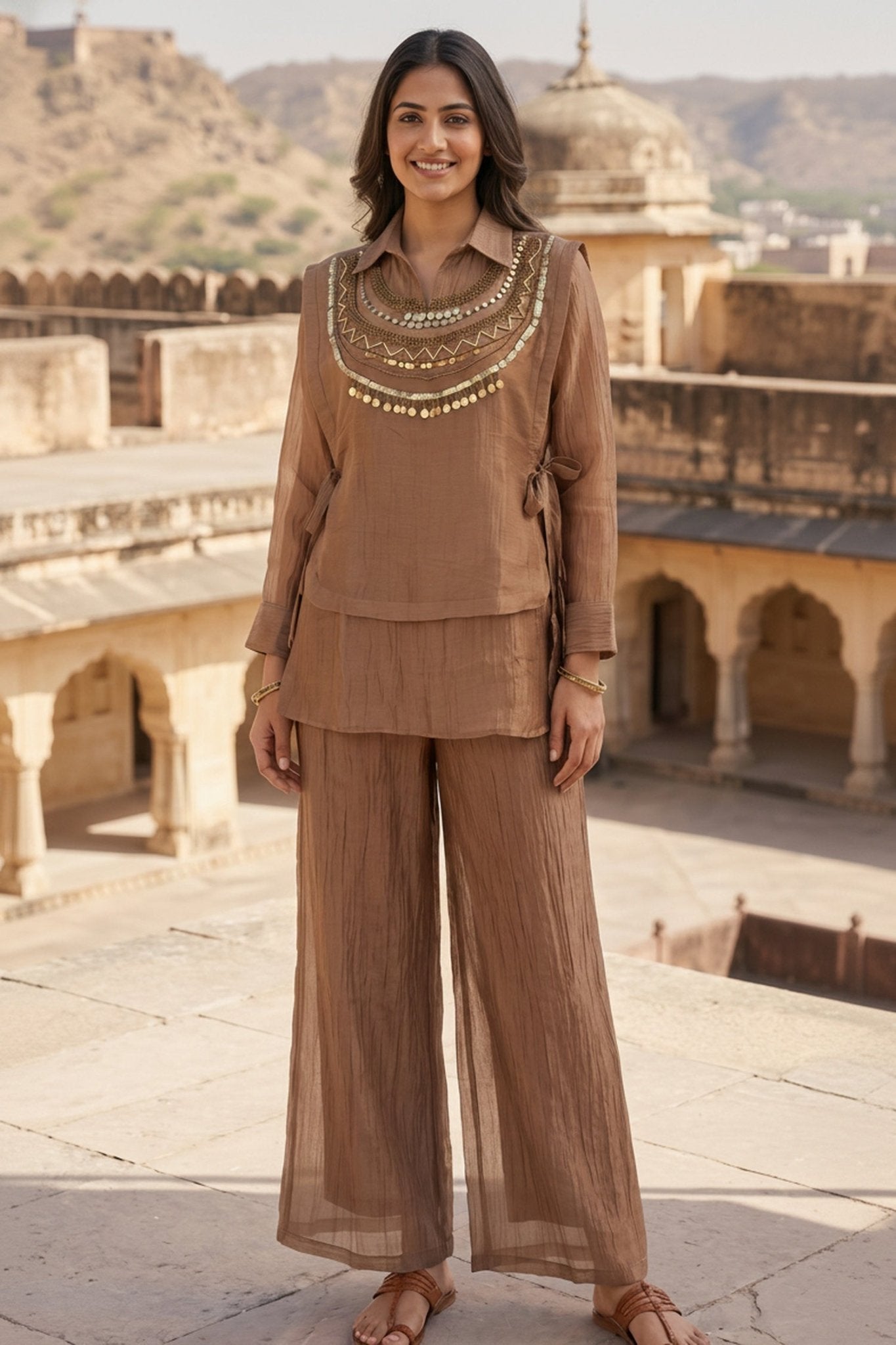Brown Graceful Tissue intricate Embroidered Jacket Chinon Cord Set - Freyaa USA & Canada
