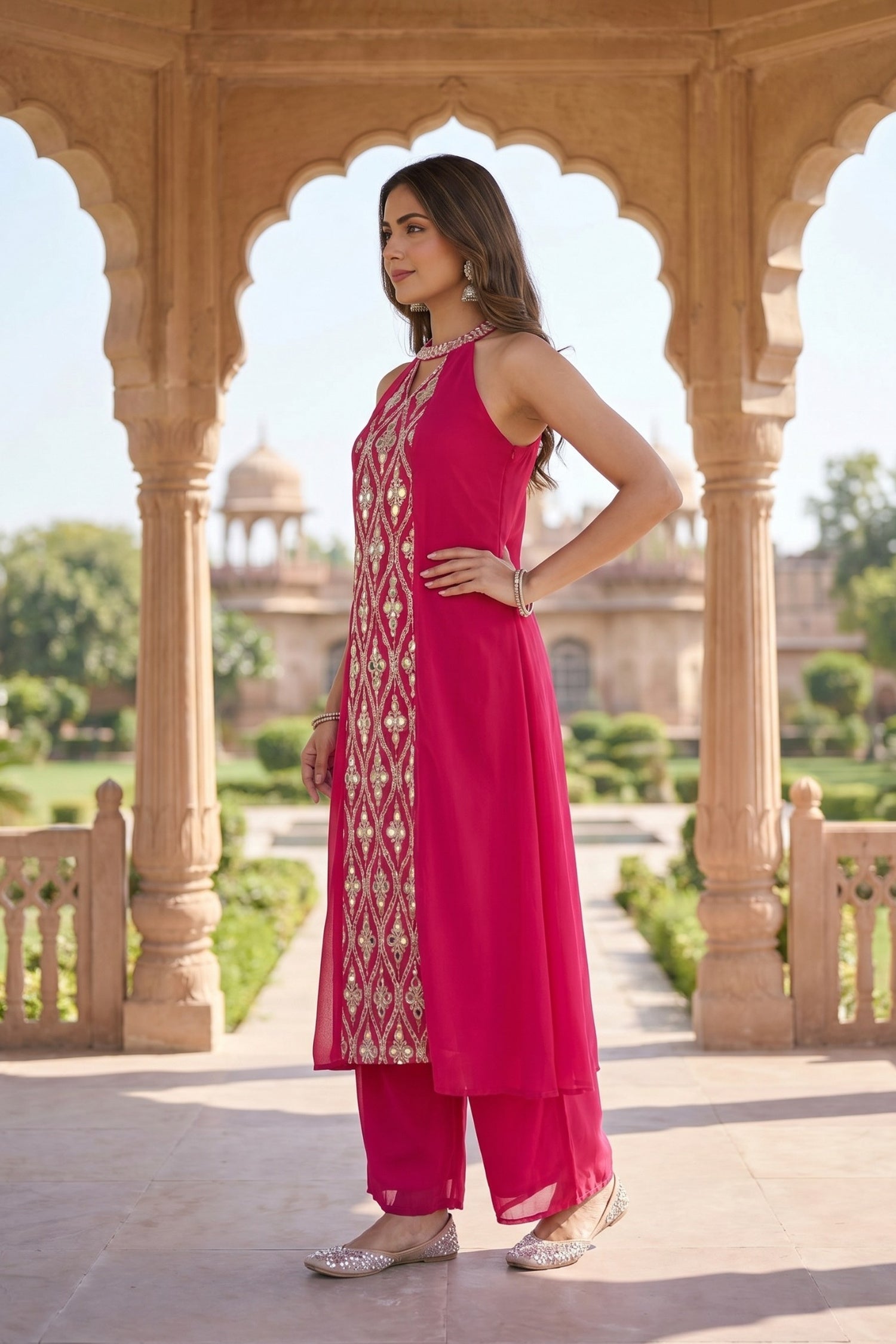 Festive Elegance Magenta Pink Halter Neck Cord Set