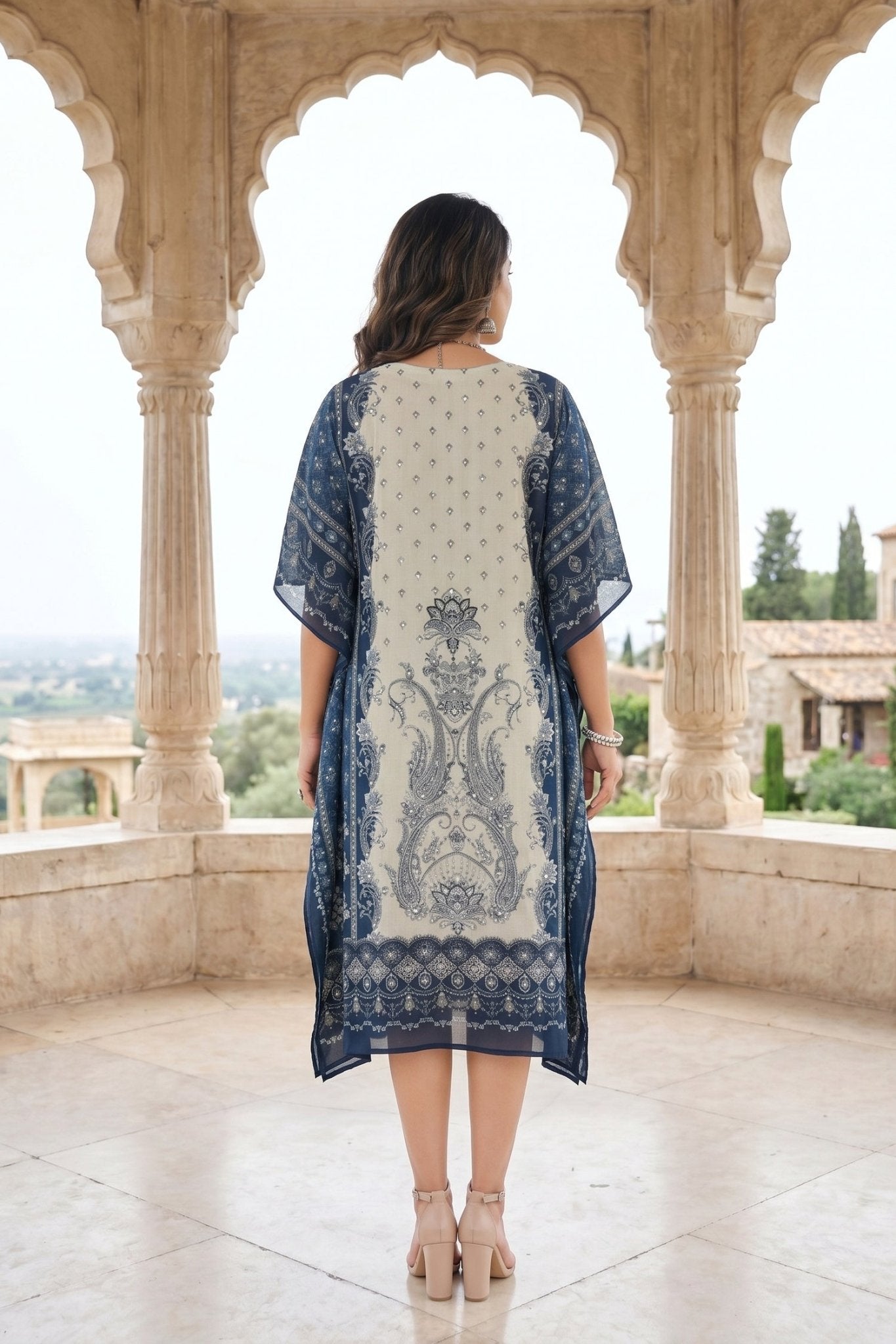 Midnight Blue Chinon Silk Long Kaftan Dress - Freyaa USA & Canada