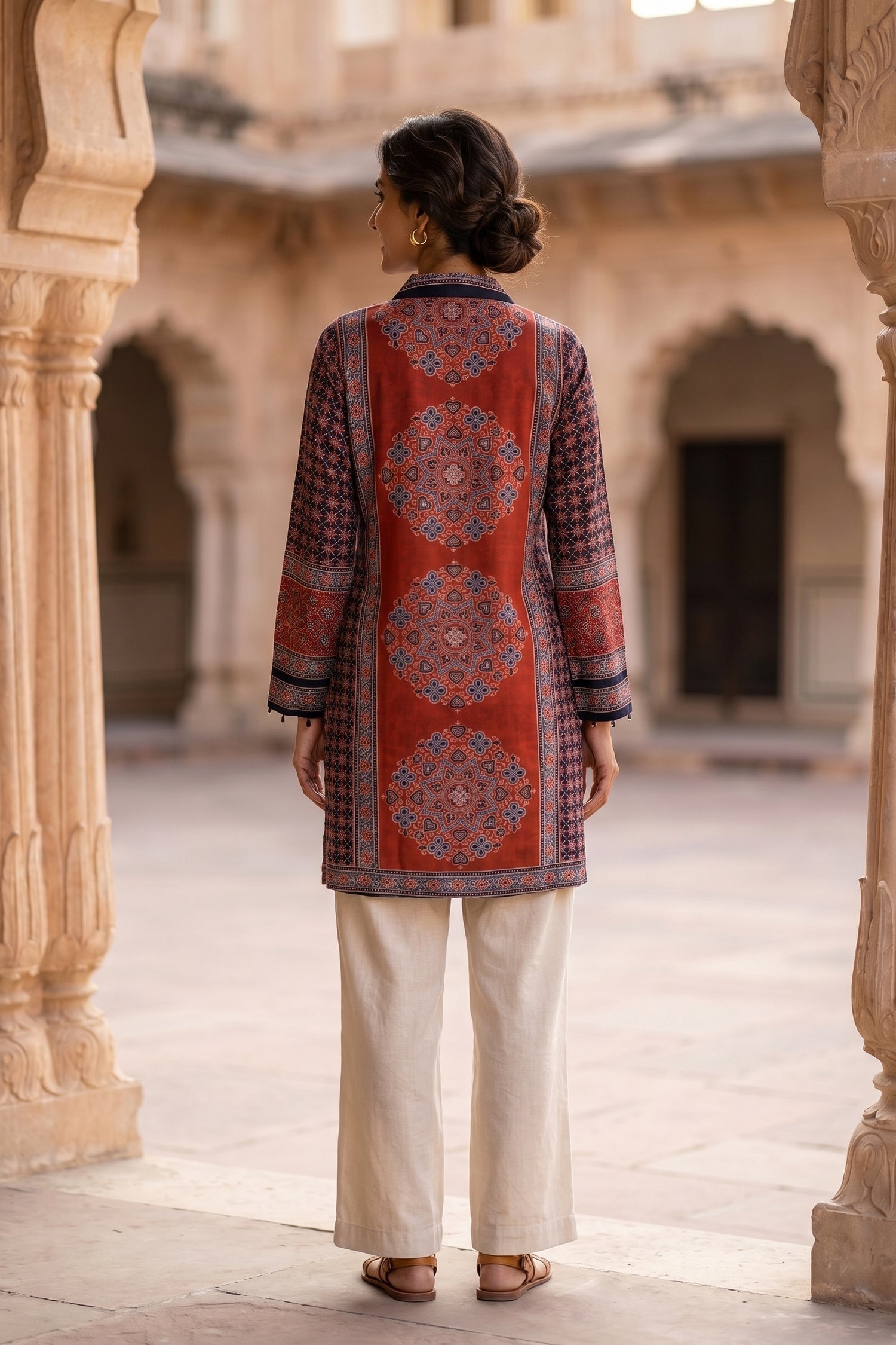 Rich Maroon Red Ajarak Print Crepe Shirt