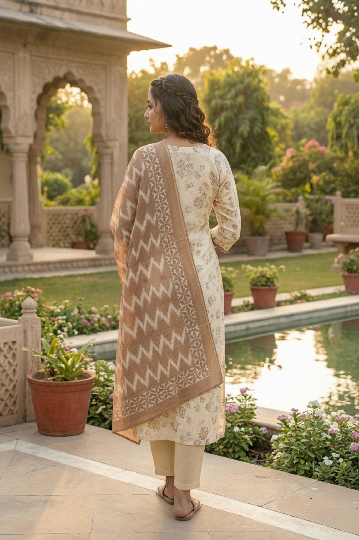Off-White Elegance Kurta Set with Brown Dupatta - Freyaa USA & Canada
