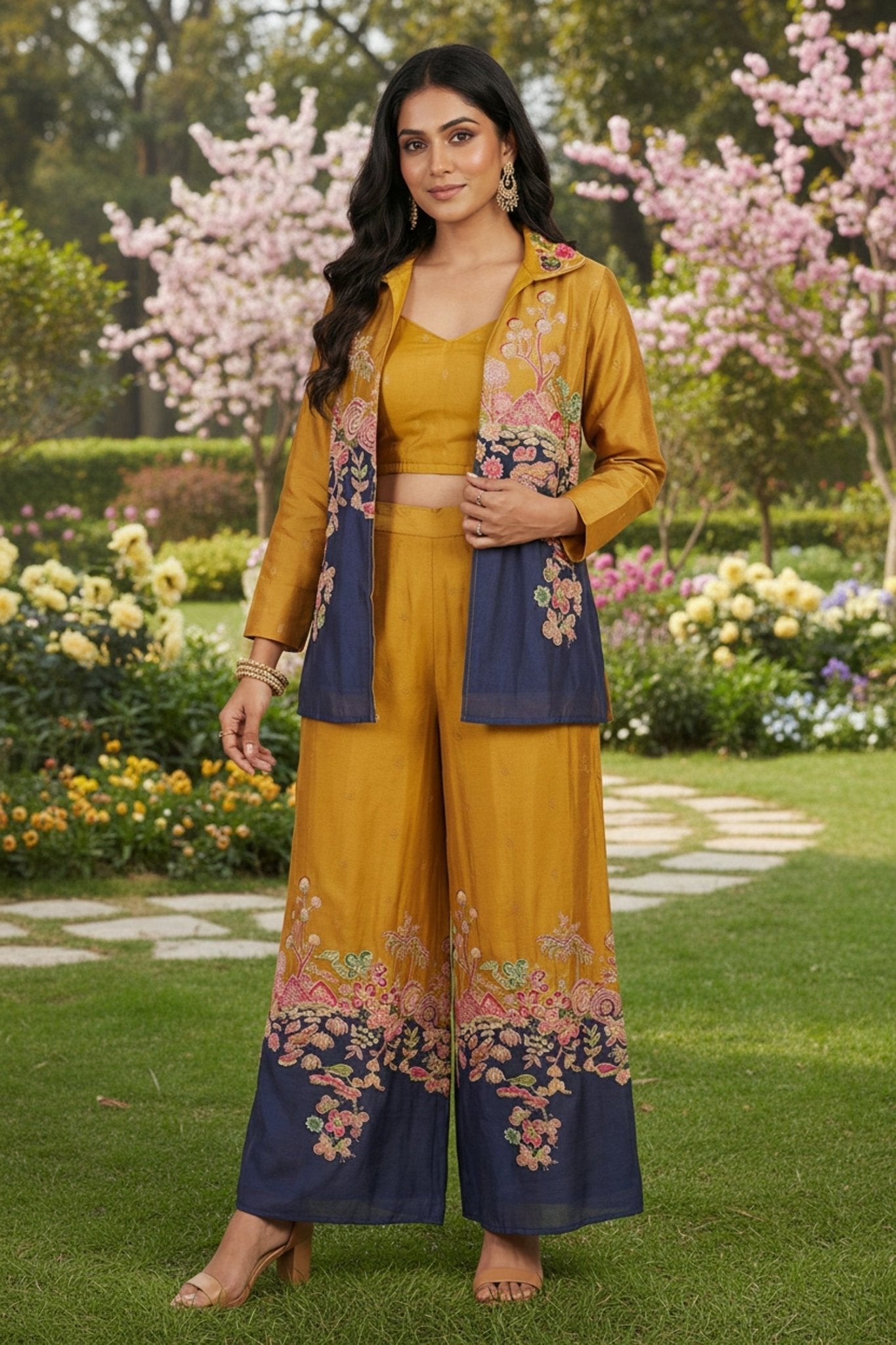 Yellow Embroidered Jacket Cord Set - Freyaa USA & Canada