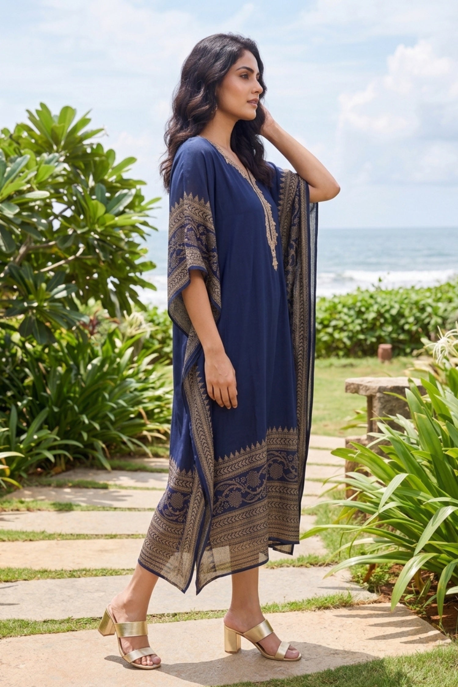 GOLD HAND EMBROIDERY DIGITALPRINT BORDER NAVY BLUE KAFTAN