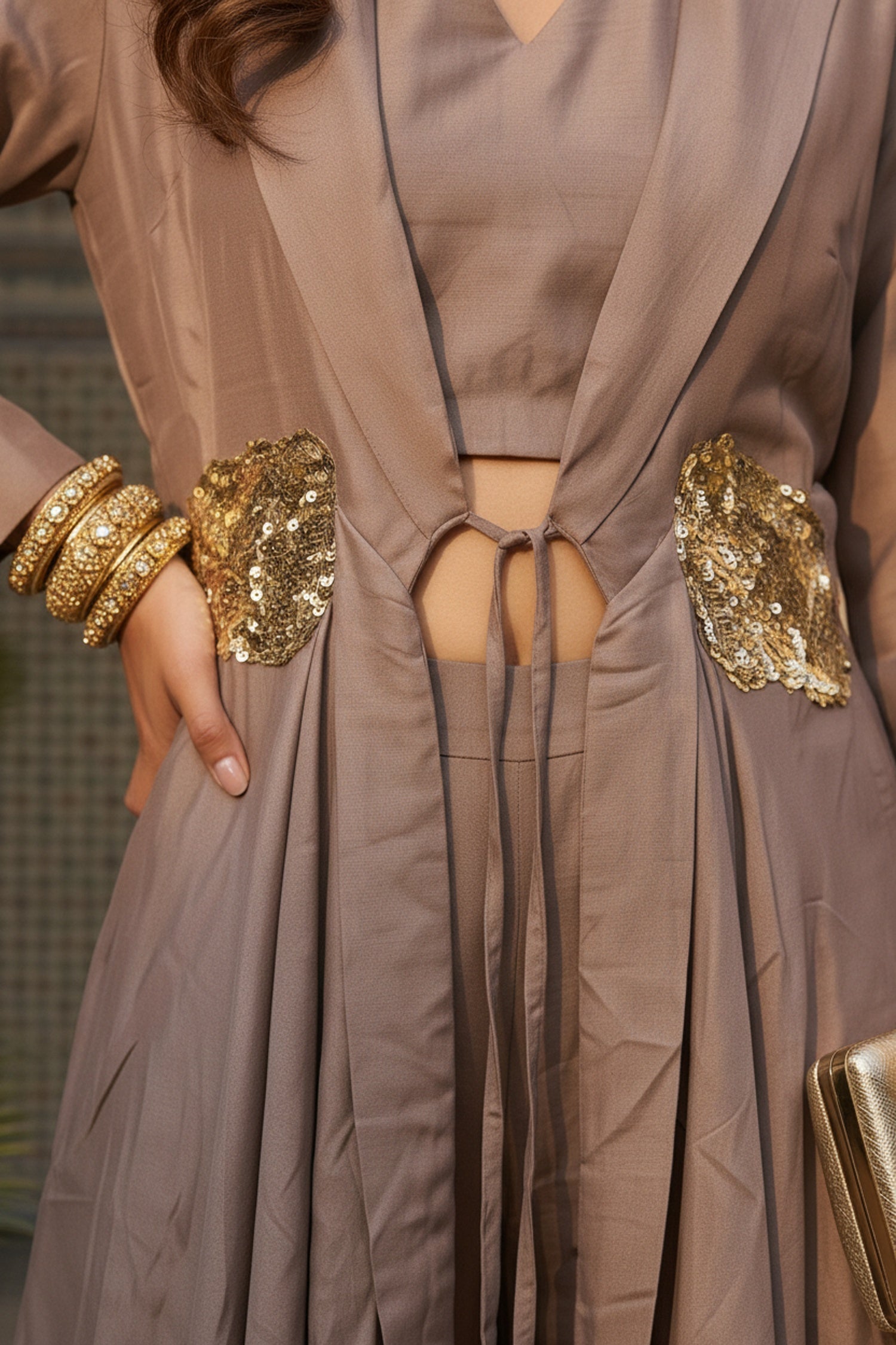 Taupe Brown Cordset for Women with Embellished Waist & Layered Jacket Design