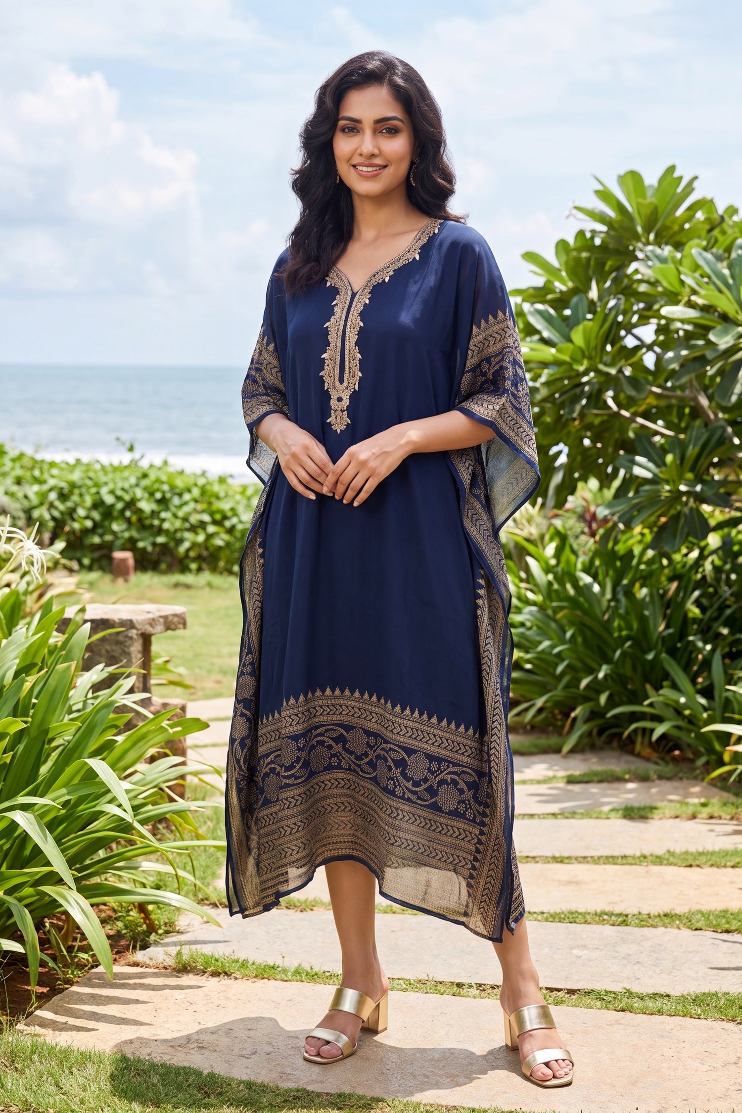 GOLD HAND EMBROIDERY DIGITALPRINT BORDER NAVY BLUE KAFTAN