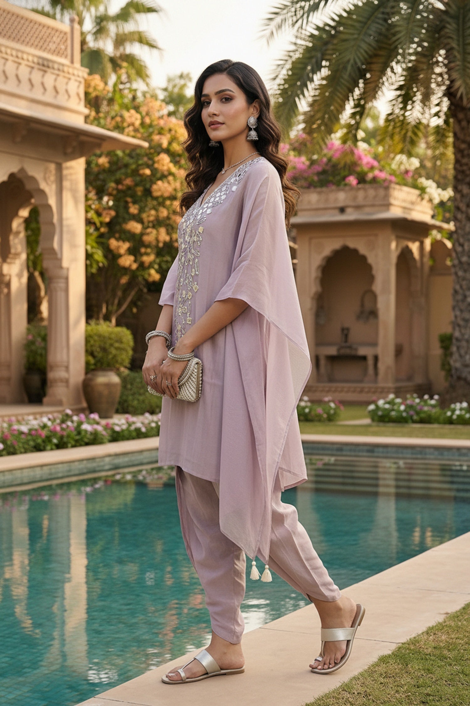 Lilac Satin Kaftan Co-ord Set with Dhoti Pants