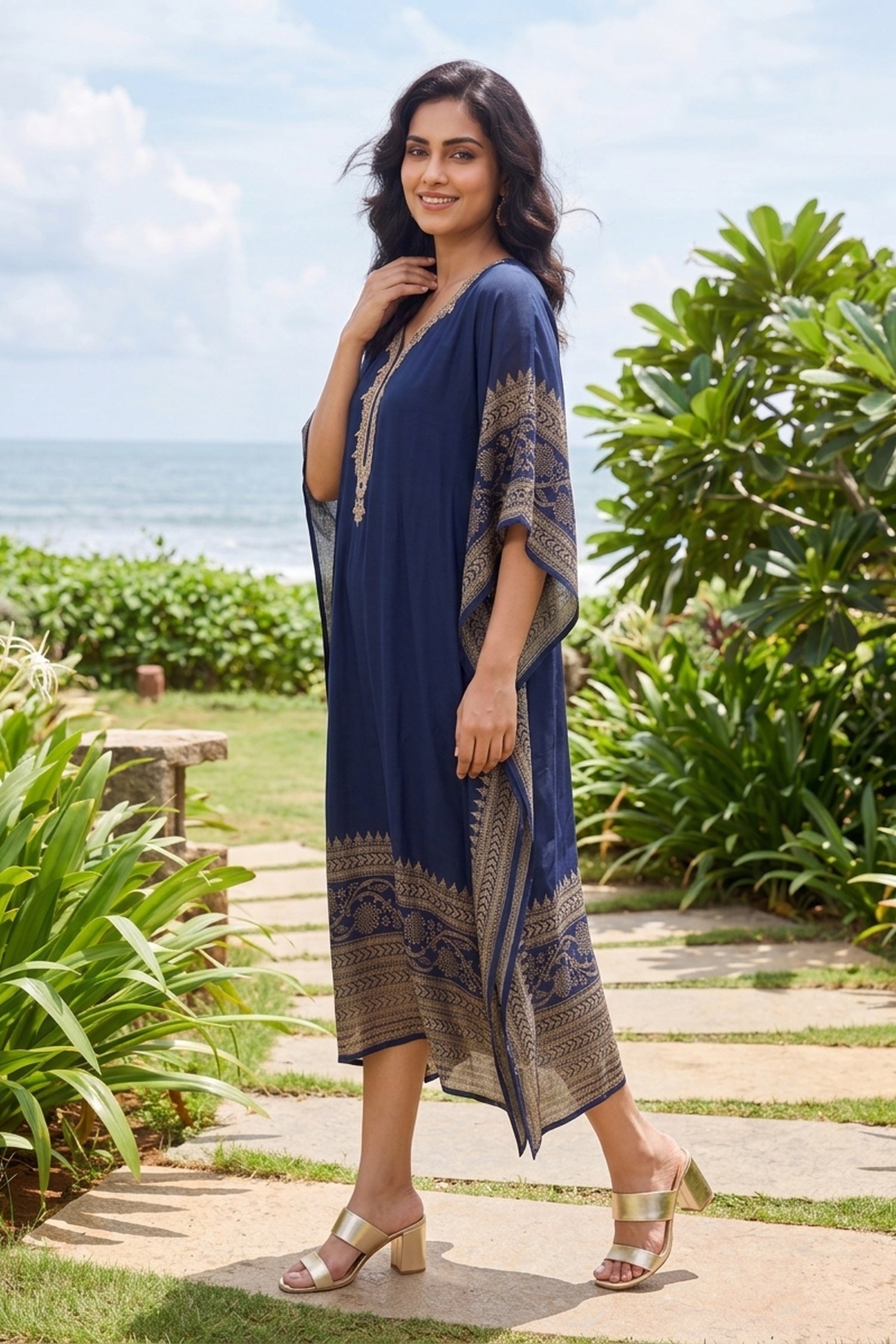 GOLD HAND EMBROIDERY DIGITALPRINT BORDER NAVY BLUE KAFTAN