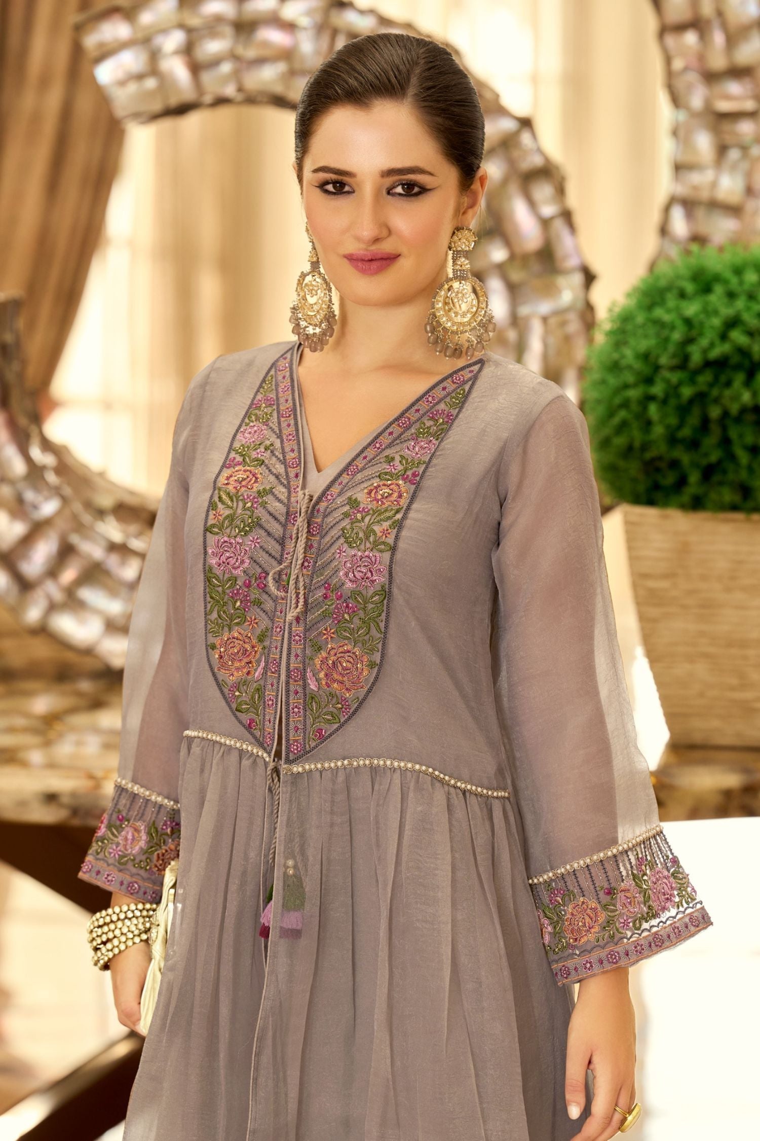 Elegant Brown Embroidered Cord Set With Lace Sleeves