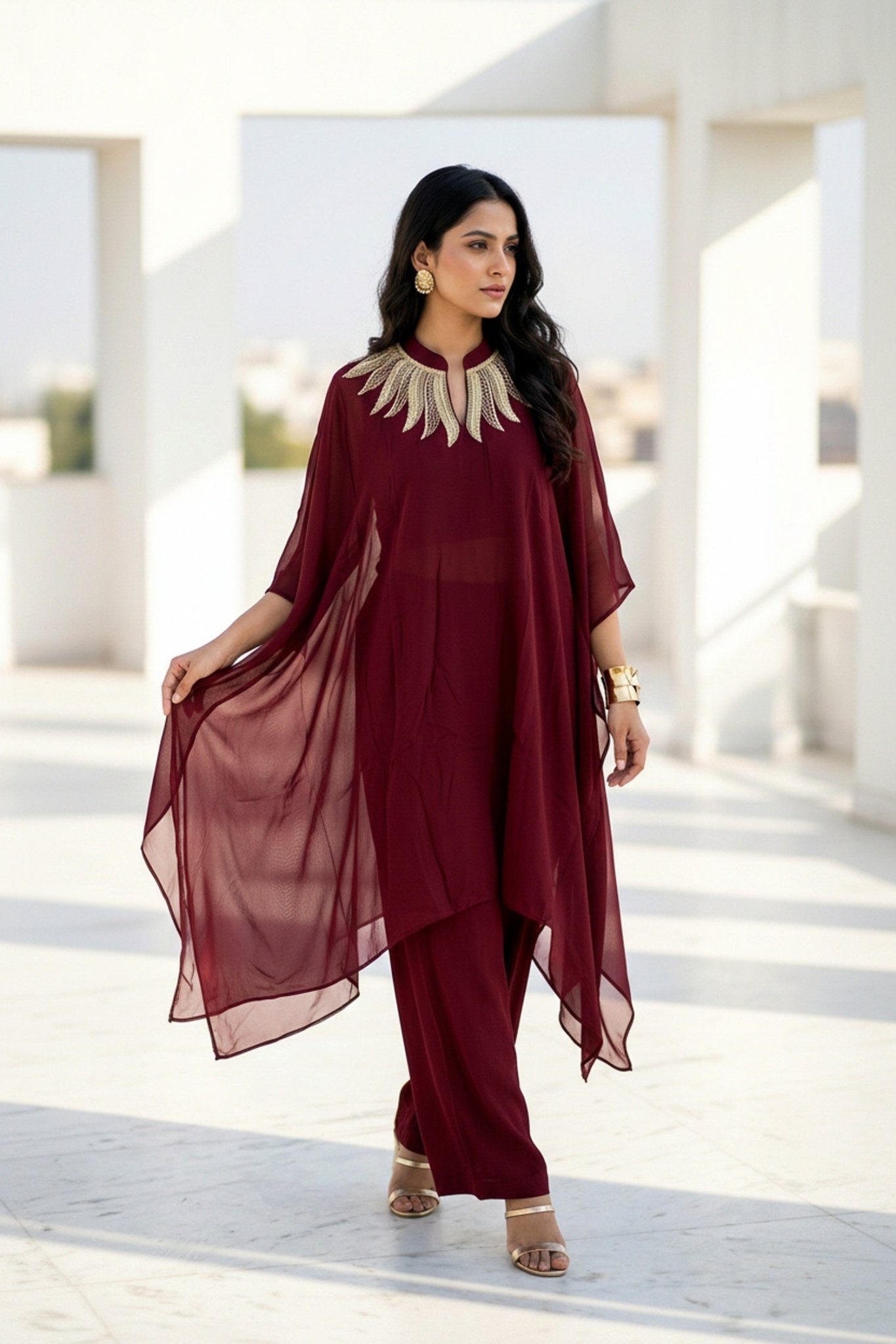 Maroon Charm Embroidered Neck Co-ord Set - Freyaa USA & Canada