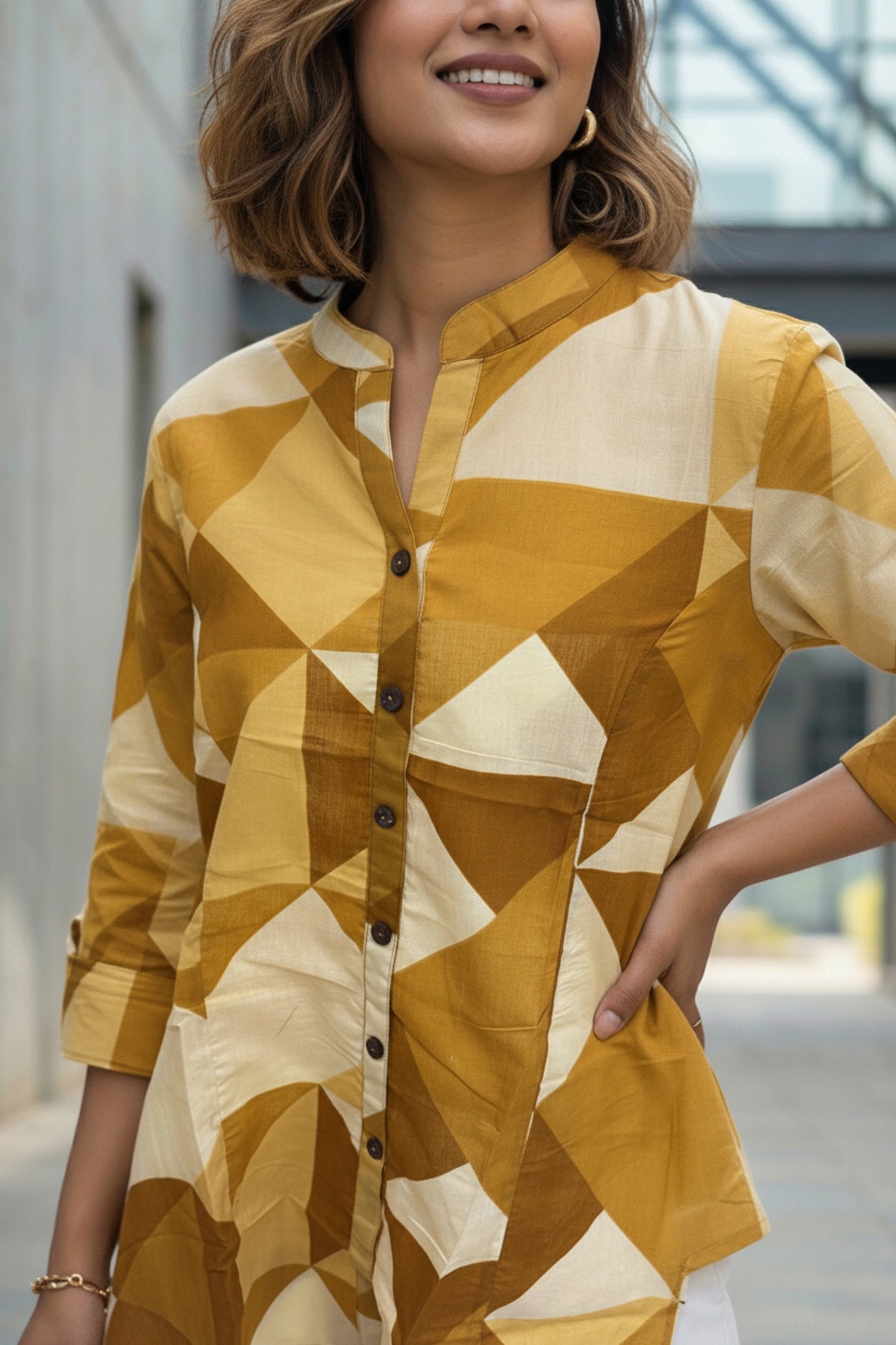 Yellow Bold Checks Cotton Short Kurti Top