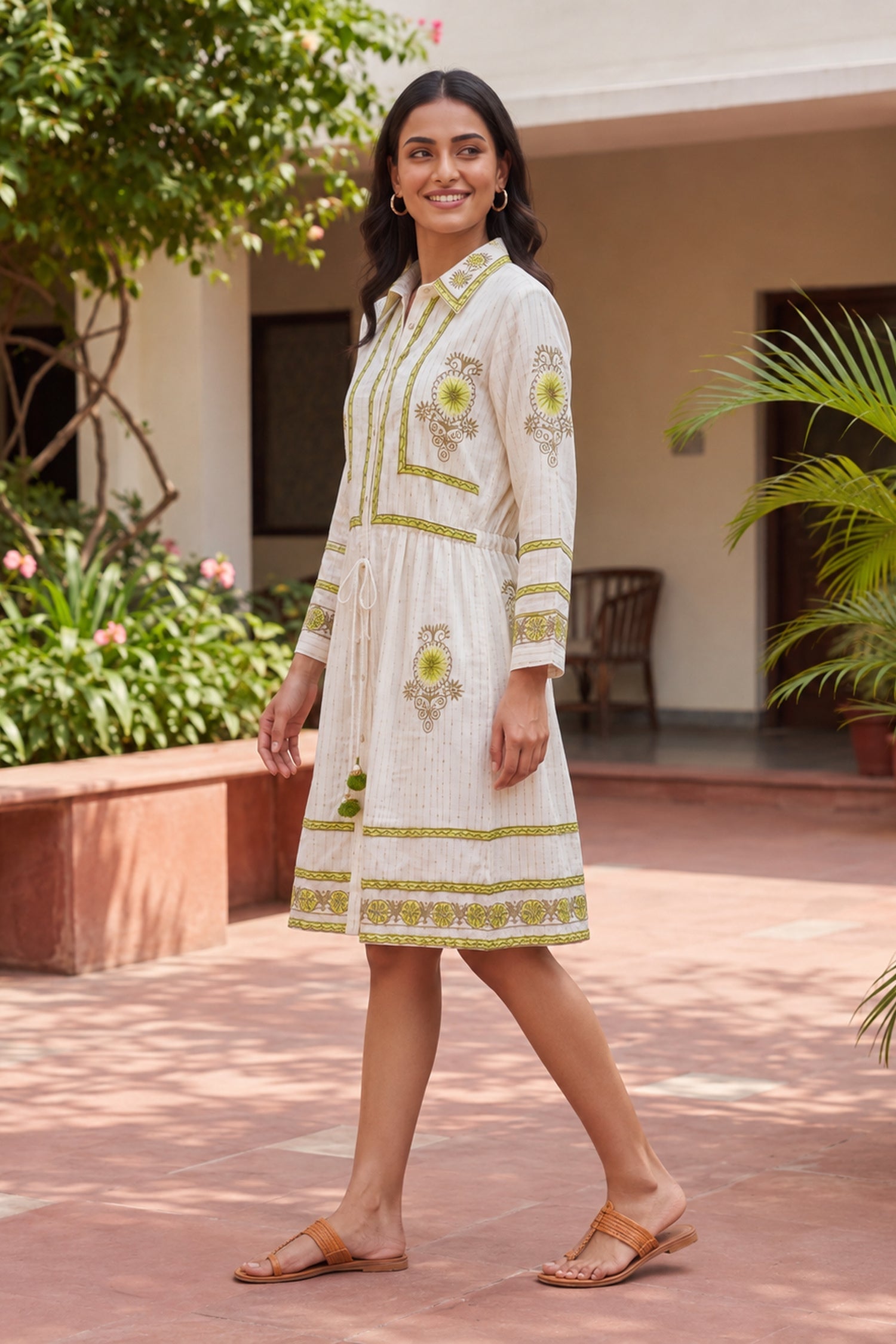 Ivory Lime Floral Embroidered Tunic Dress