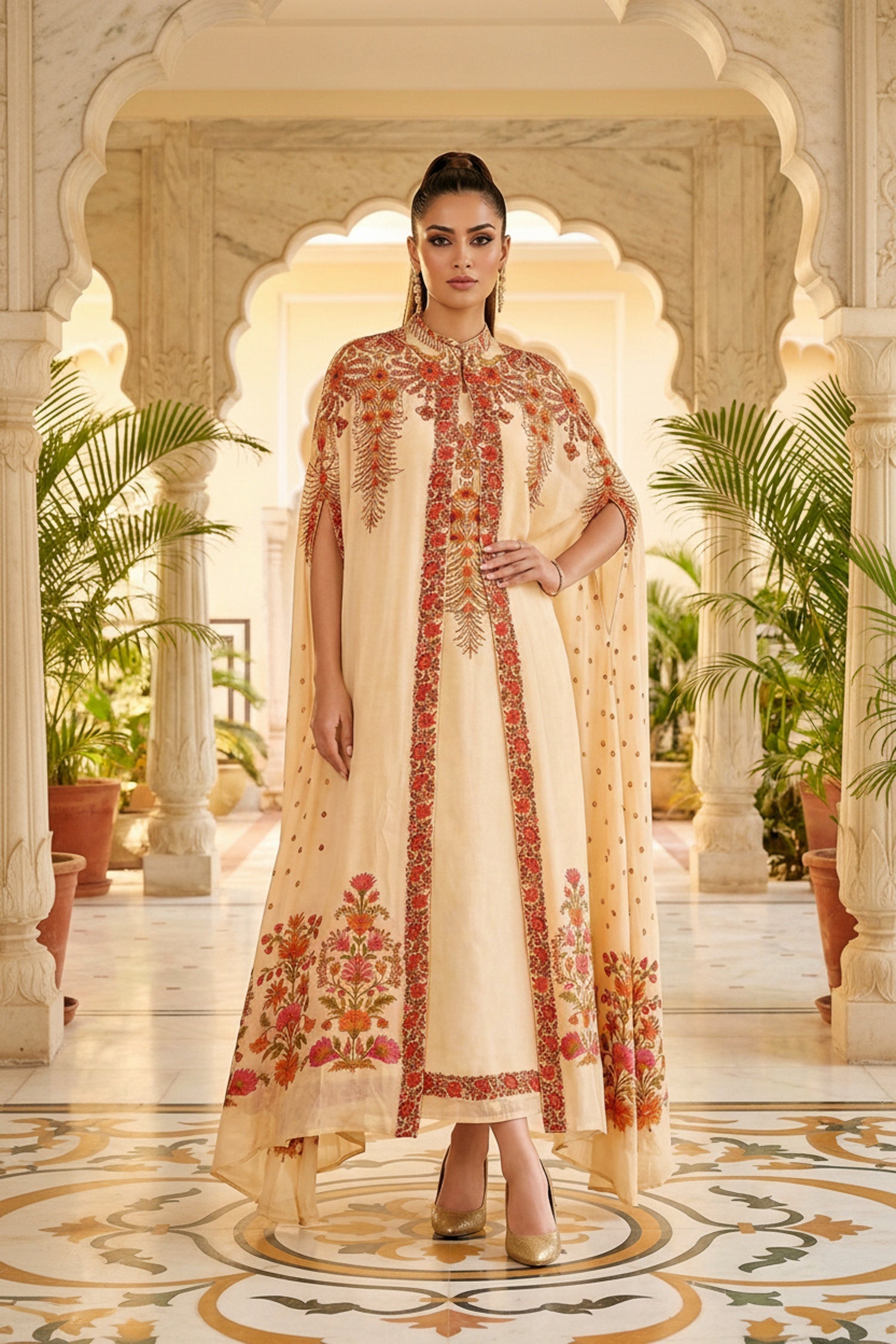 Cream Chinon Kaftan Set with Embroidered Jacket