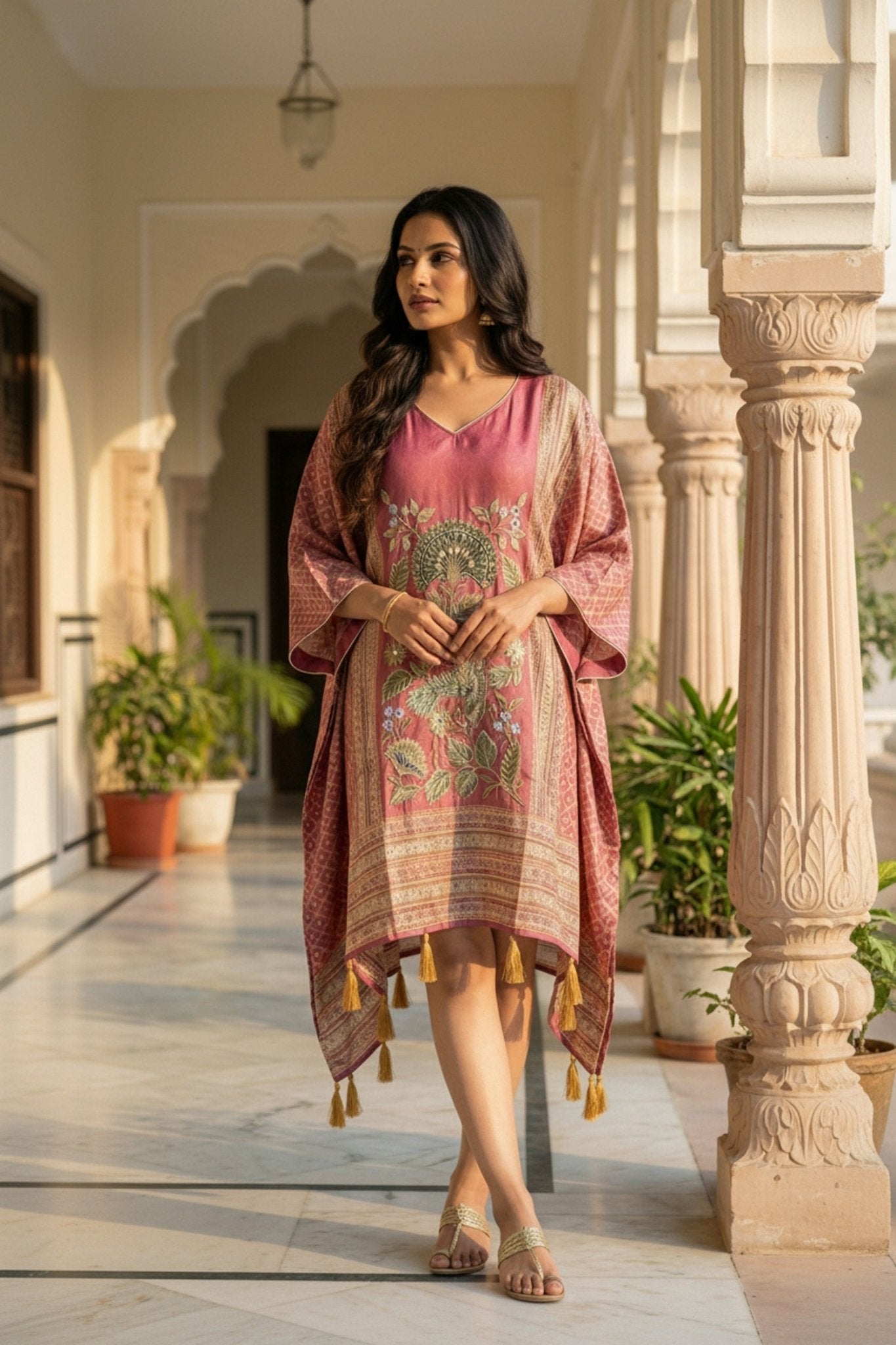 Burgundy Printed Viscose Short Kaftan - Freyaa USA & Canada