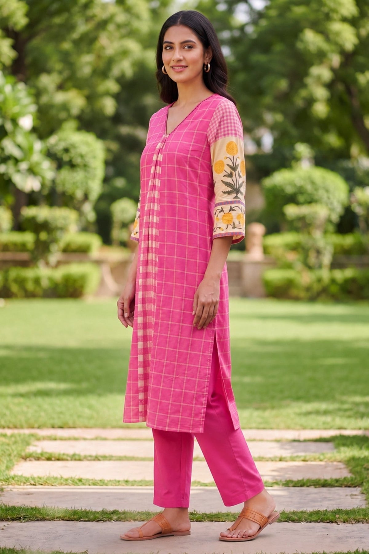 Pink Check & Floral Print CordSet - Freyaa
