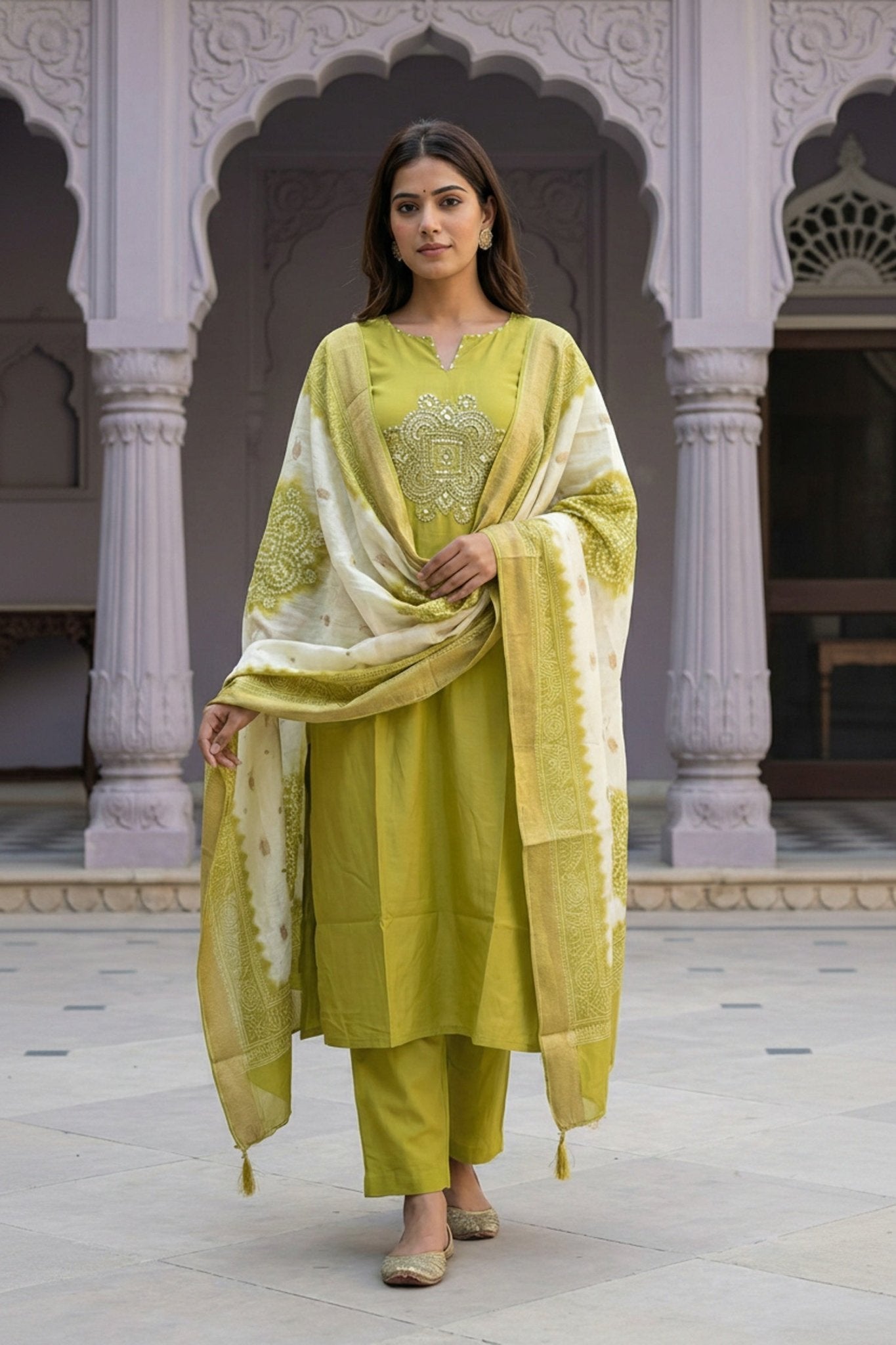 Green Straight-Cut Three Piece Suit with Embroidered Kurta Patch & Work Dupatta - Freyaa USA & Canada