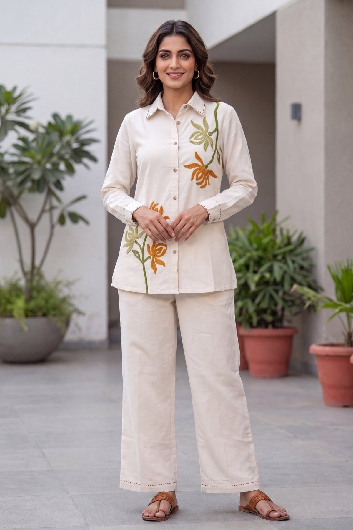 Ivory Floral Embroidered CordSet - Freyaa