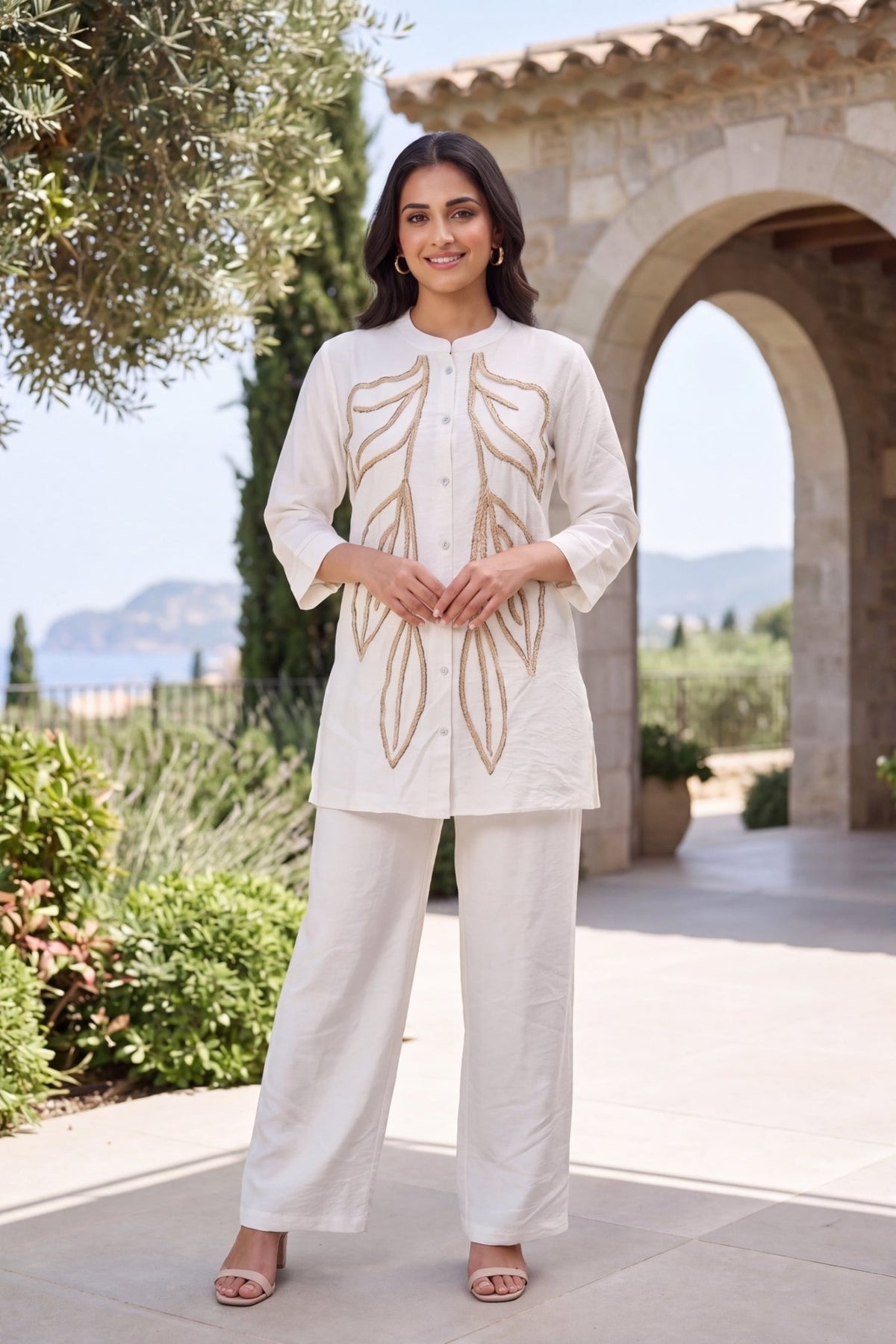 Ivory Leaf Embroidered CordSet - Freyaa