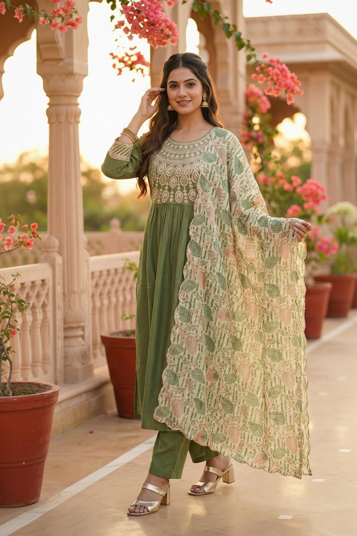 Green Embroidered Kurta Set with Tissue Silk Dupatta - Freyaa USA & Canada