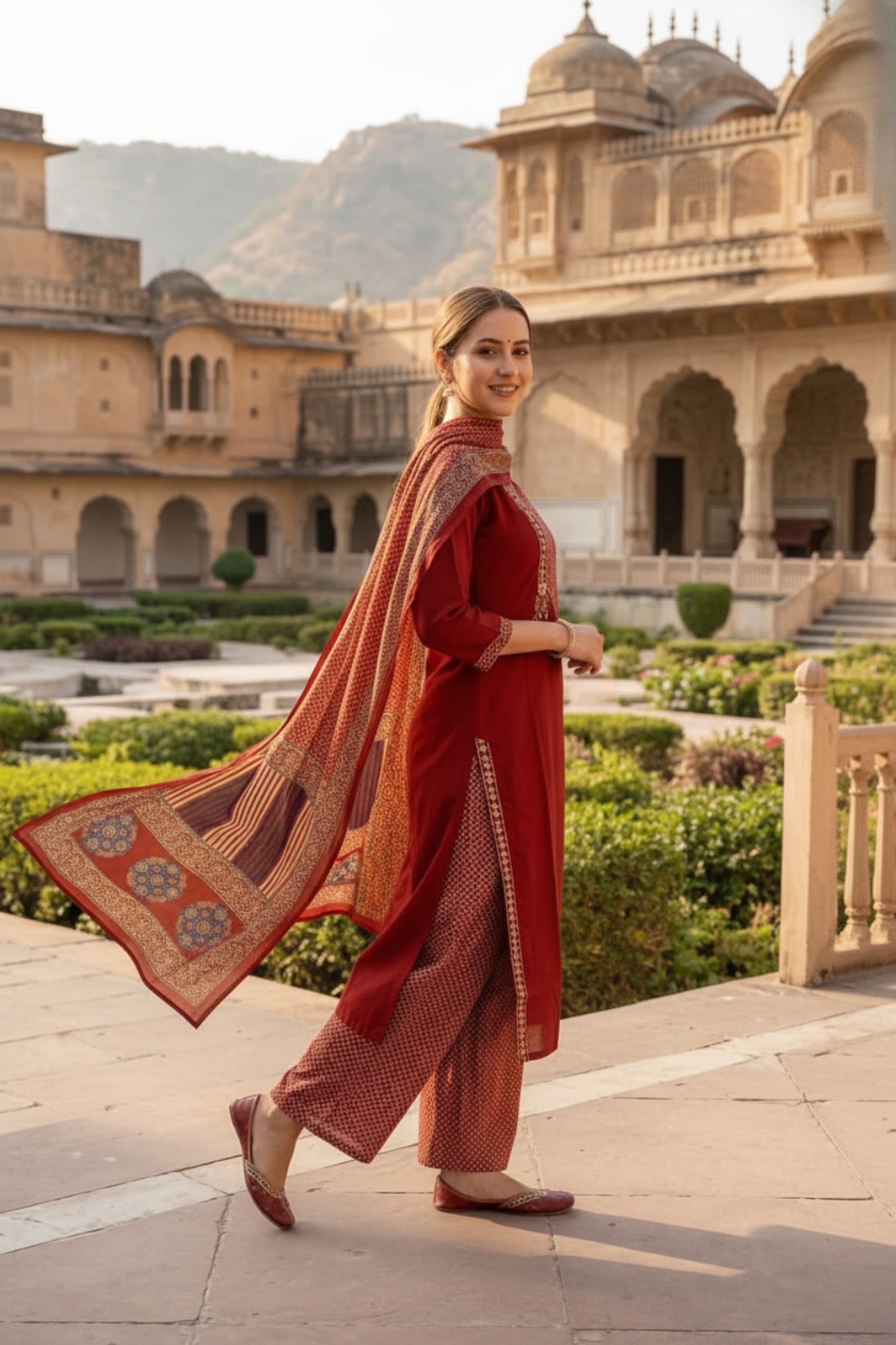 Rust Cotton Three-Piece Set with Modern Print