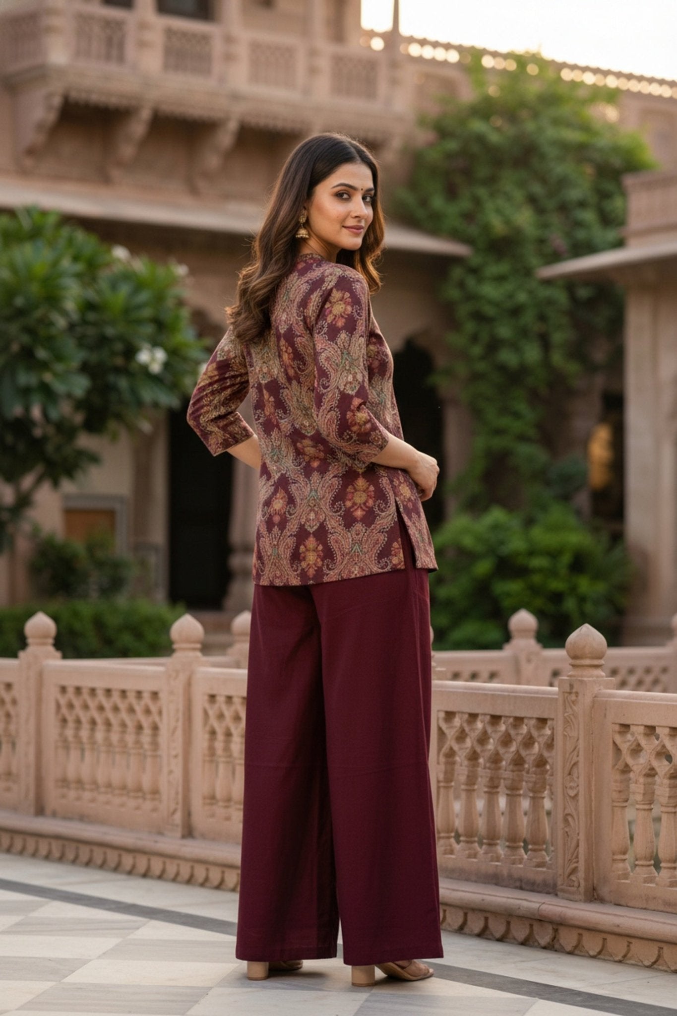 Maroon Printed Top Co-ord Set with Solid Bottom - Freyaa USA & Canada