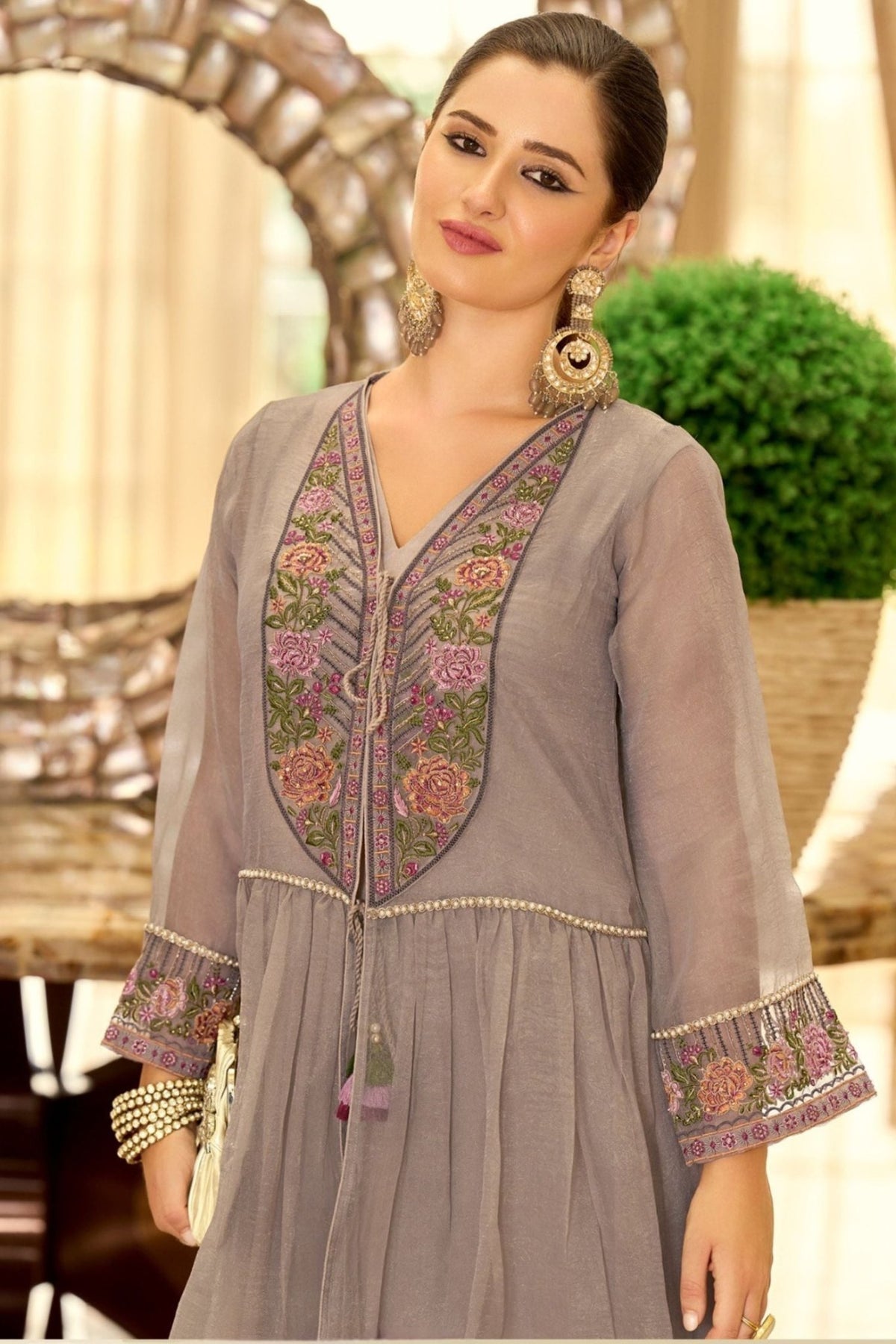 Elegant Brown Embroidered Cord Set With Lace Sleeves - Freyaa USA & Canada