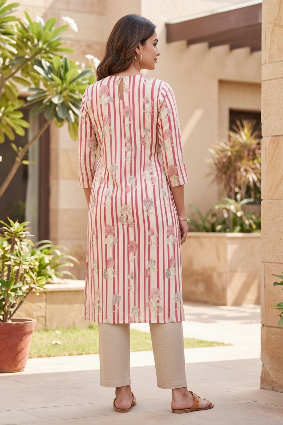 Pink & White Striped Straight Kurta Cotton Co-Ord Set - Freyaa