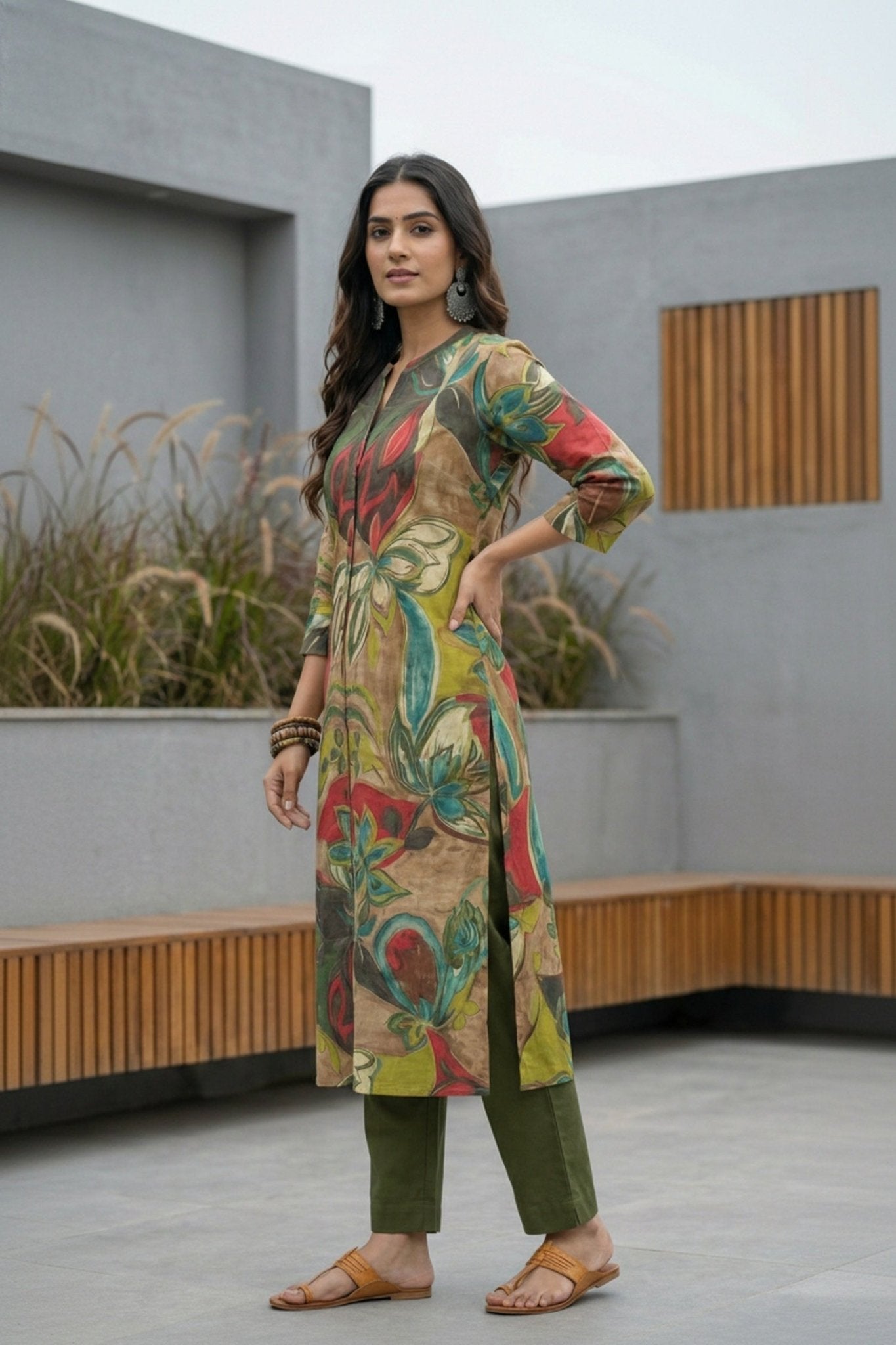 Vibrant Green Artistic Design Cotton Long Kurti - Freyaa USA & Canada