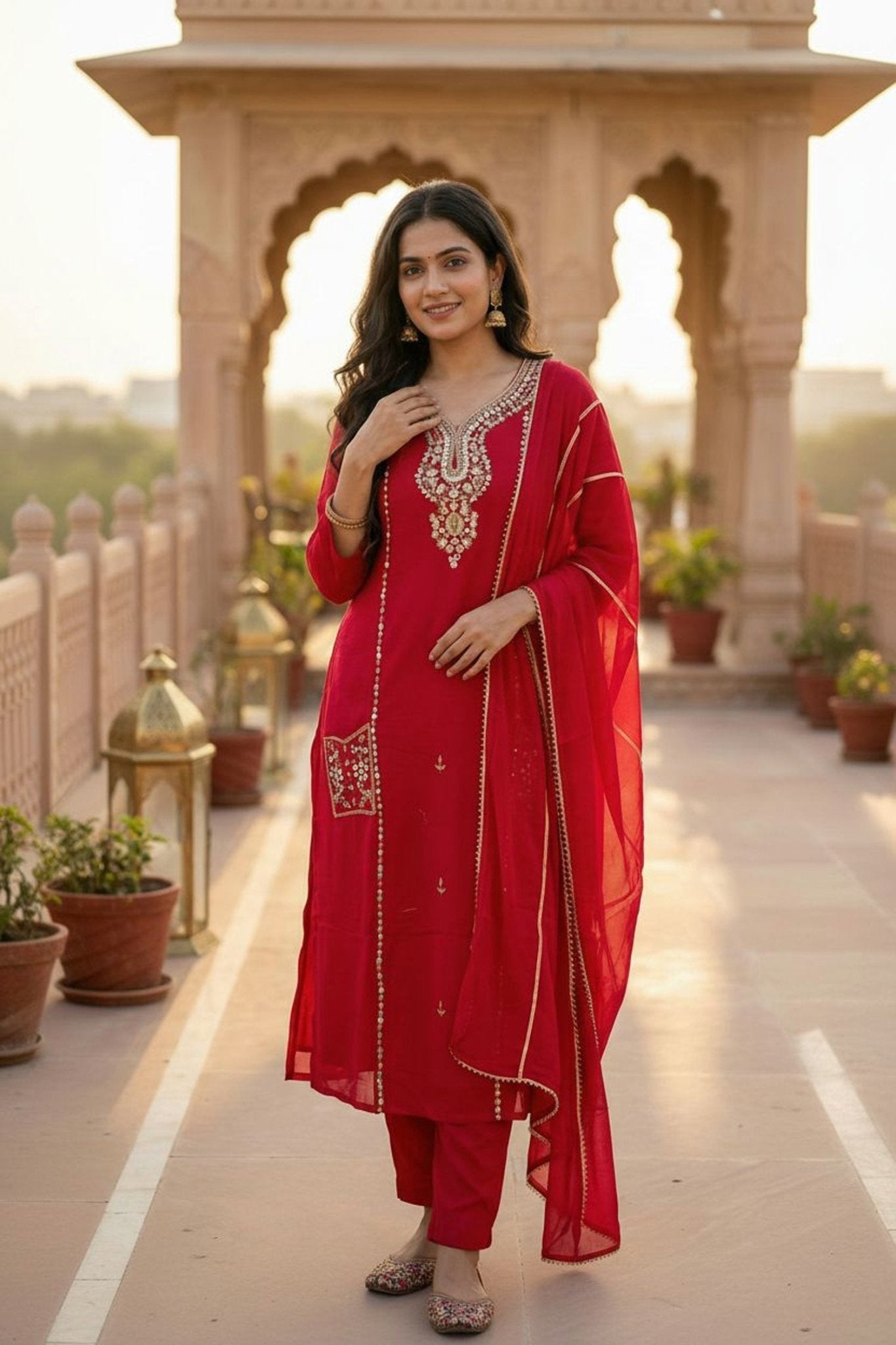 Royal Rani Red Three-Piece Set with Intricate Neck Embroidery - Freyaa USA & Canada