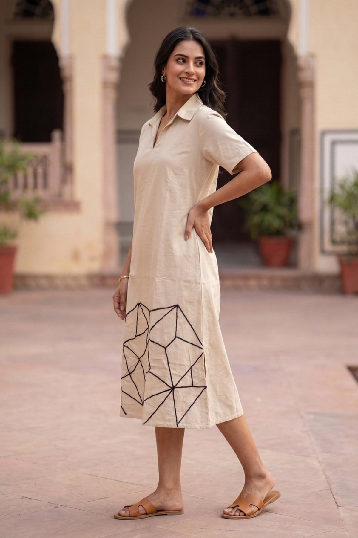 Natural Cotton Flex Midi Dress with Abstract Embroidered Hem - Freyaa USA & Canada