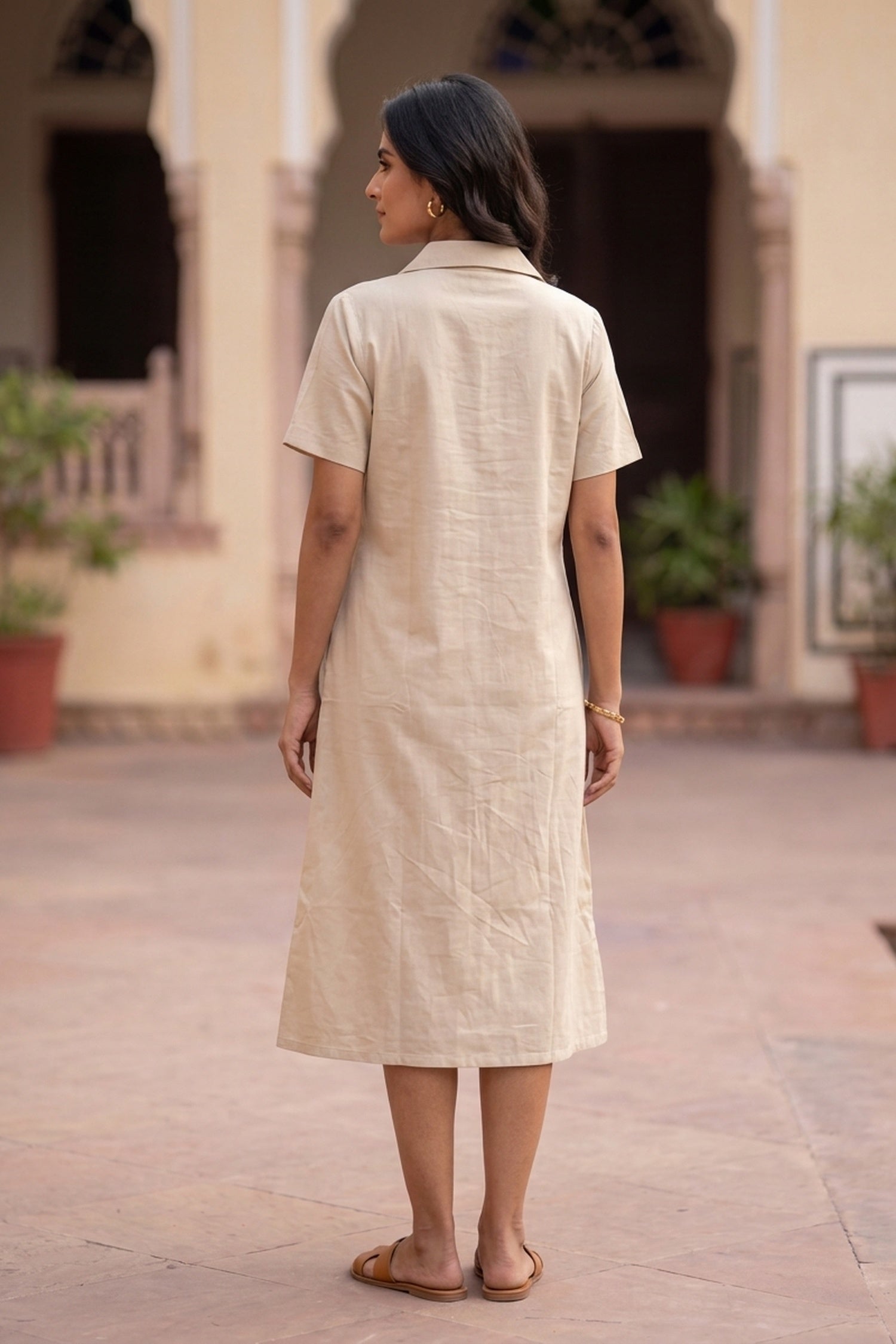 Women's Natural Cotton Flex Midi Dress with Abstract Embroidered Hem - Freyaa USA & Canada