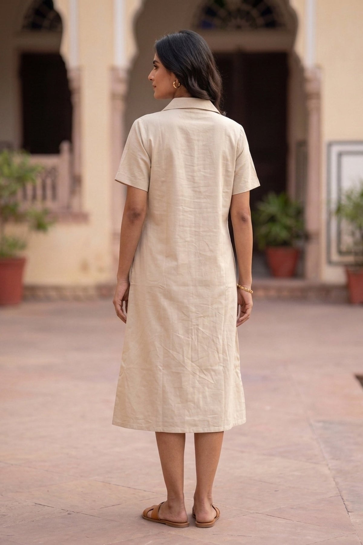 Natural Cotton Flex Midi Dress with Abstract Embroidered Hem - Freyaa USA & Canada