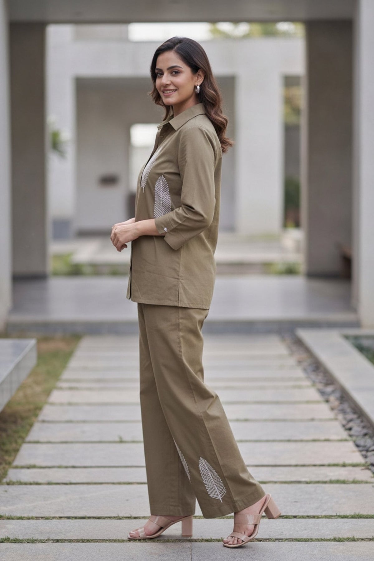 Earthy Brown Cotton Floral Embroidered Shirt And Wide Leg Palazzo Co -Ord Set - Freyaa