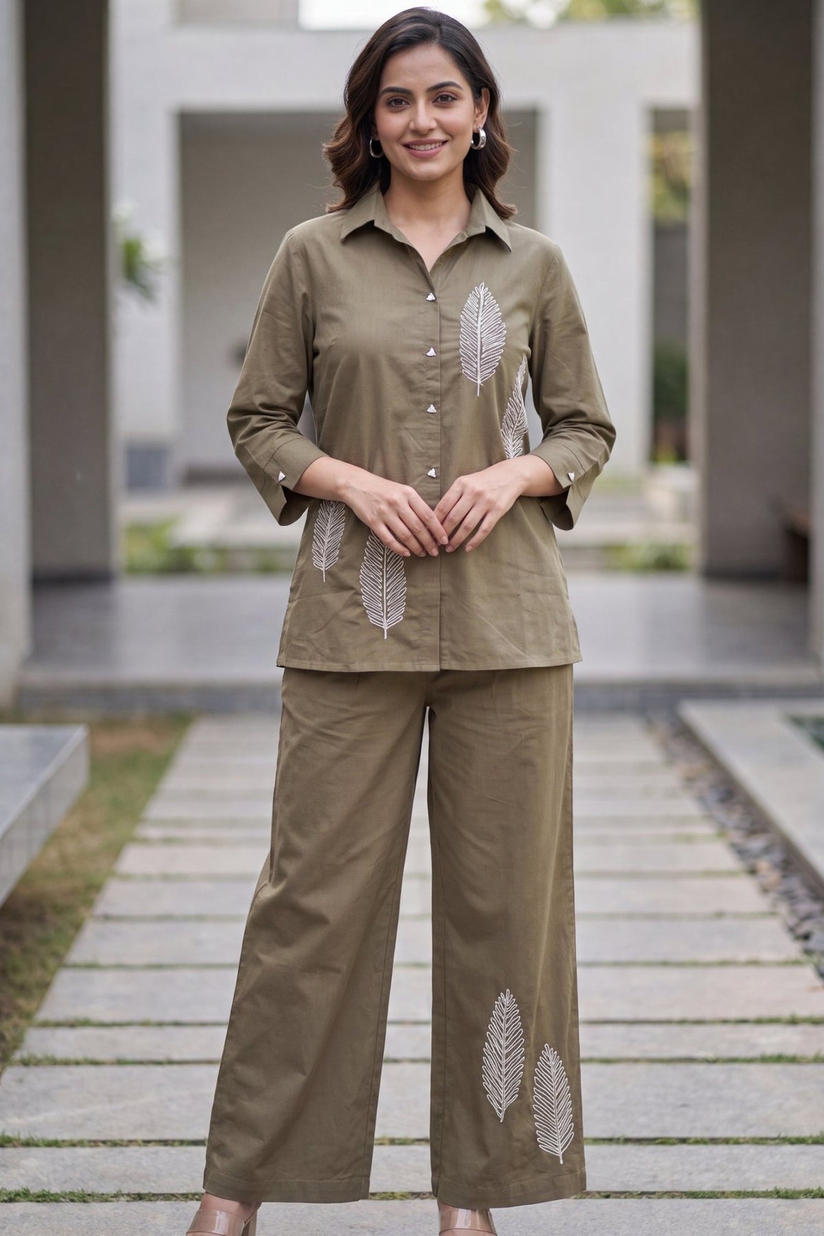 Earthy Brown Cotton Floral Embroidered Shirt And Wide Leg Palazzo Co -Ord Set - Freyaa