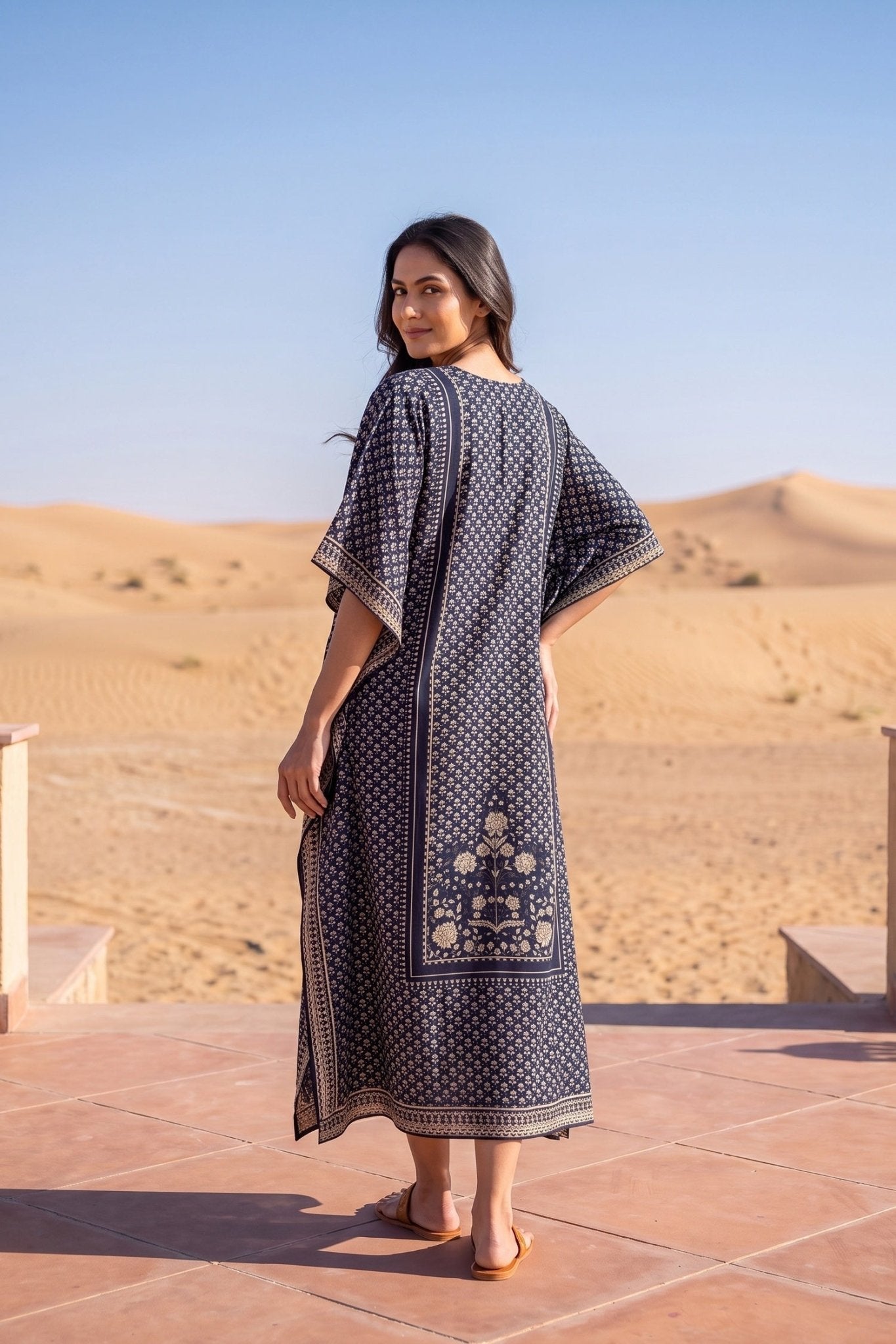 Dark Persian Blue Printed Long Kaftan - Freyaa USA & Canada