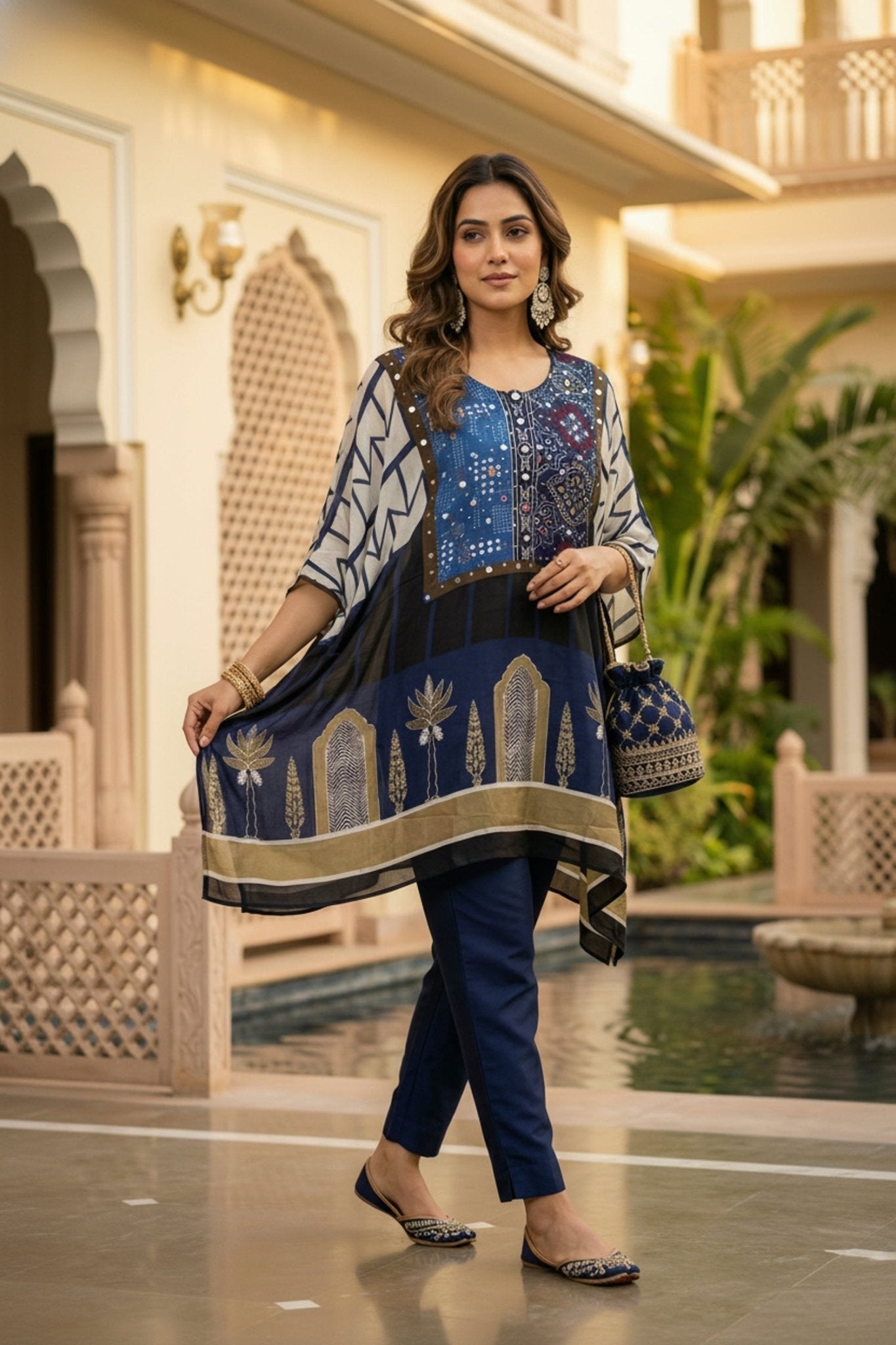 Navy Blue Printed Kaftan with Embroidered Neck - Freyaa USA & Canada