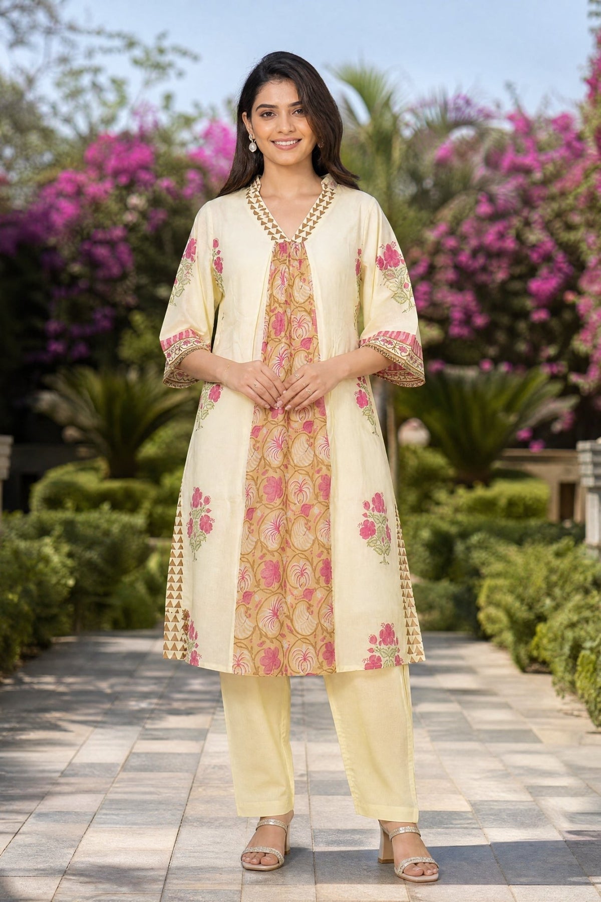 Off-White Floral Printed A-Line Kurta Co-Ord Set - Freyaa