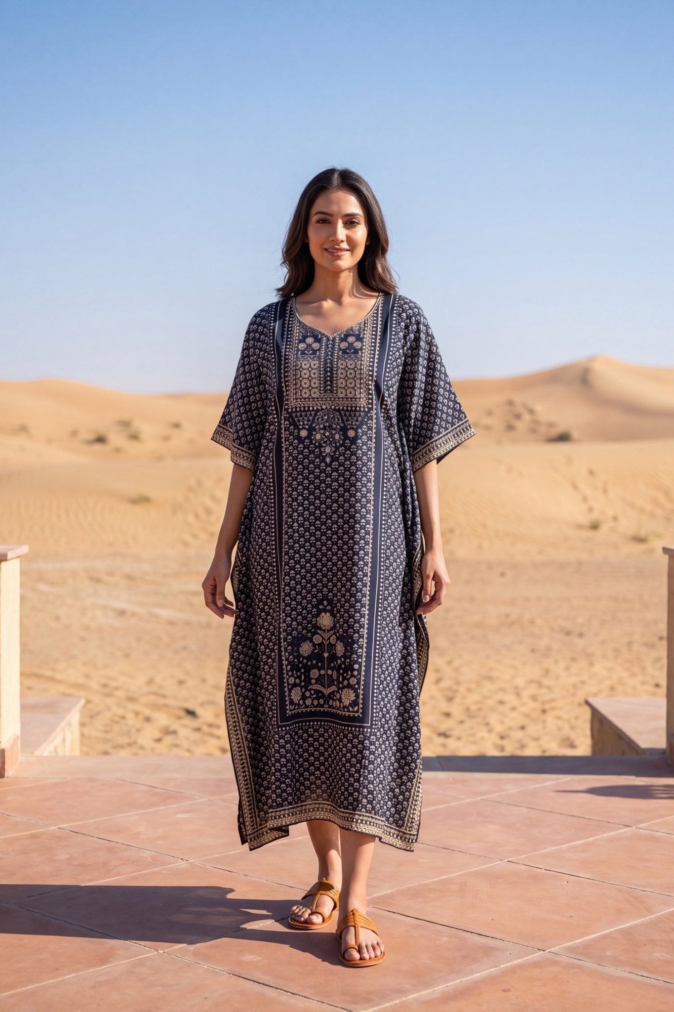 Dark Persian Blue Printed Long Kaftan - Freyaa USA & Canada