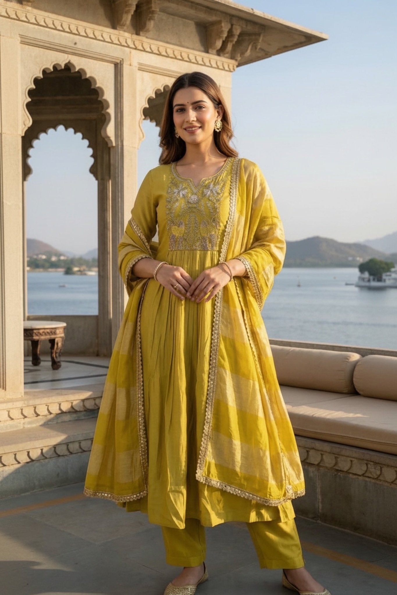 Yellow Cotton Anarkali Three-Piece Set with Embroidery - Freyaa USA & Canada