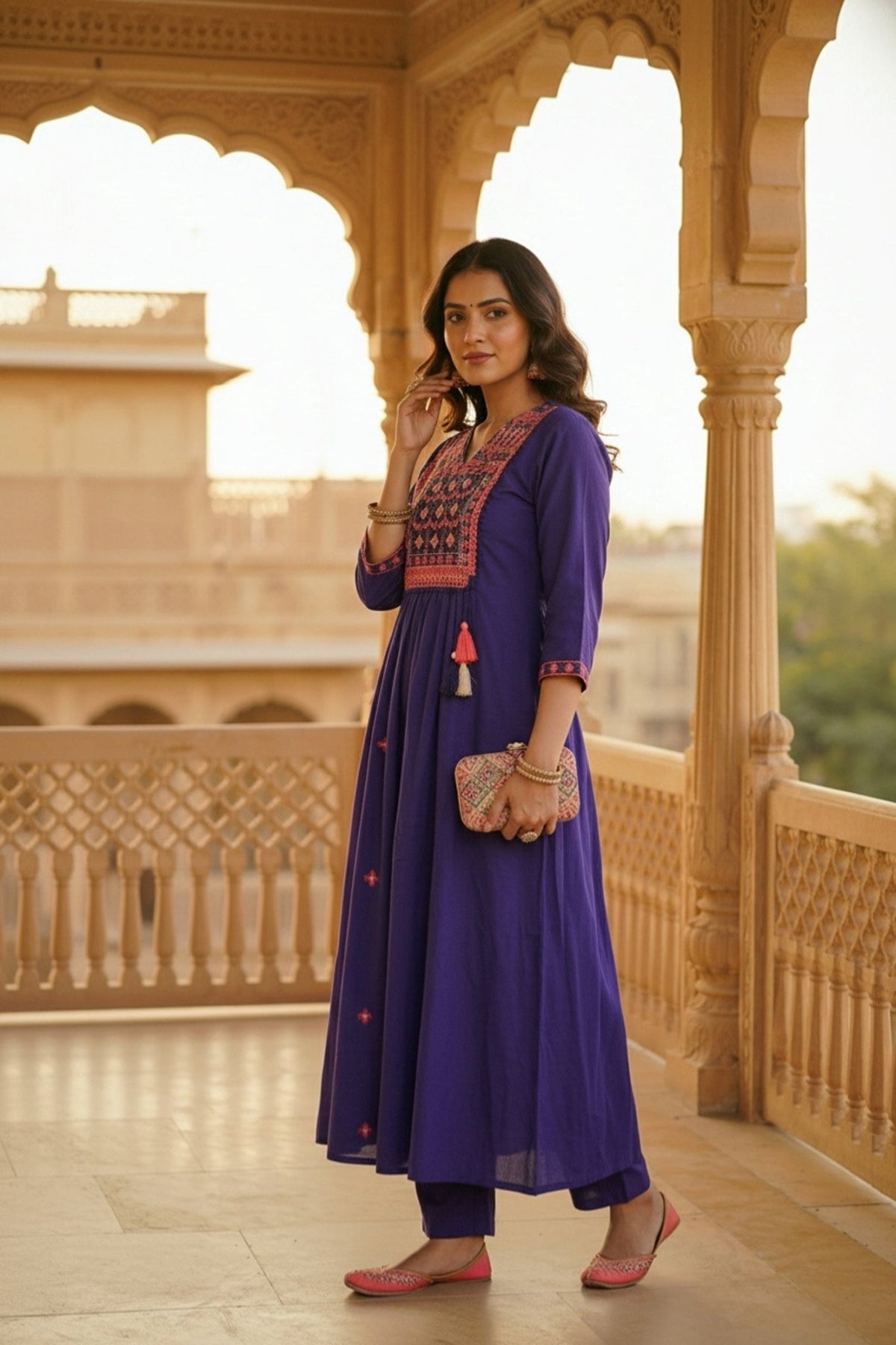 Purple Straight-Cut Three-Piece Set with Embroidery Work - Freyaa USA & Canada